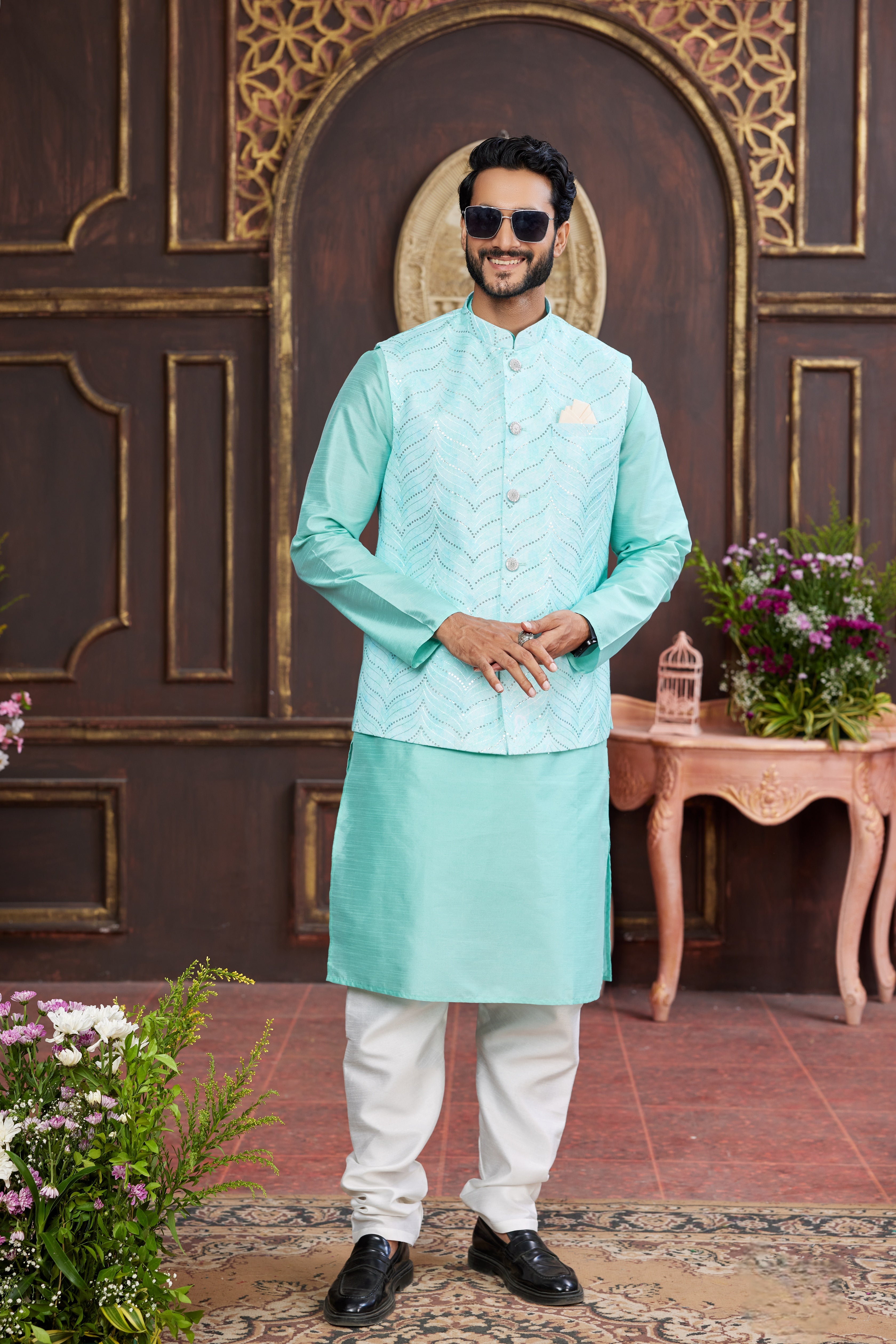 Mint green kurta pajama with printed jacket for men