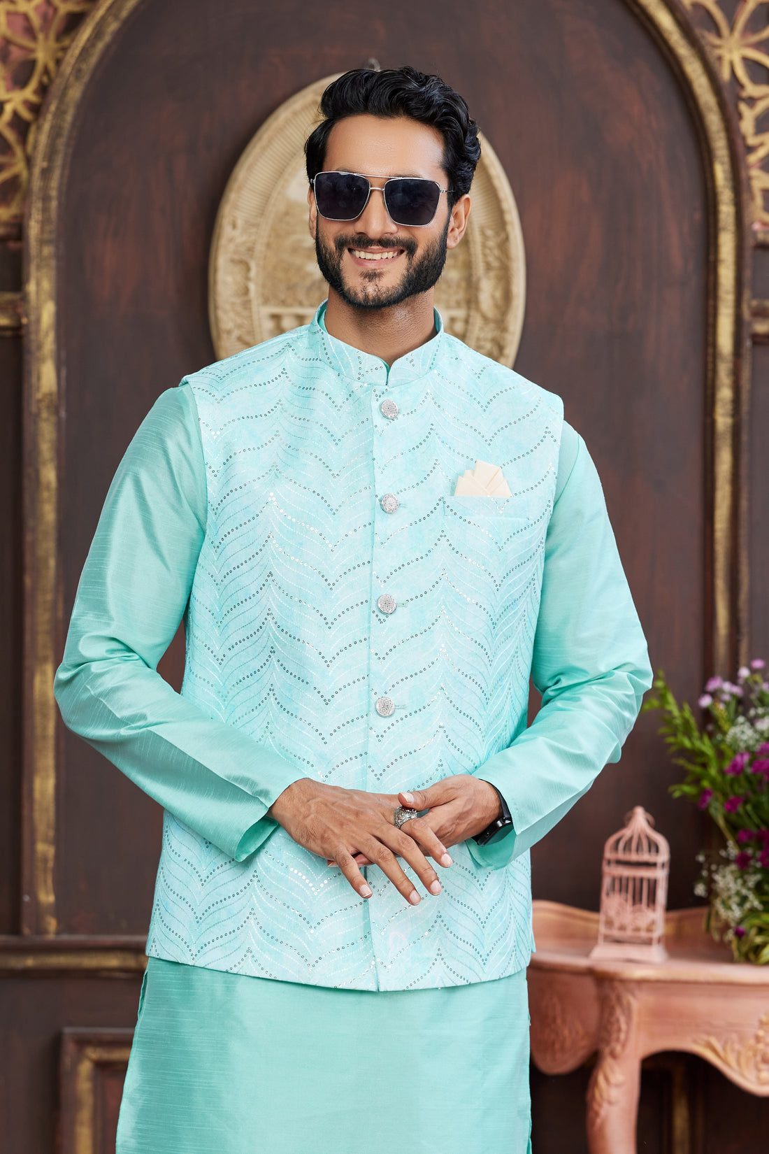 Mint green kurta pajama with printed jacket for men