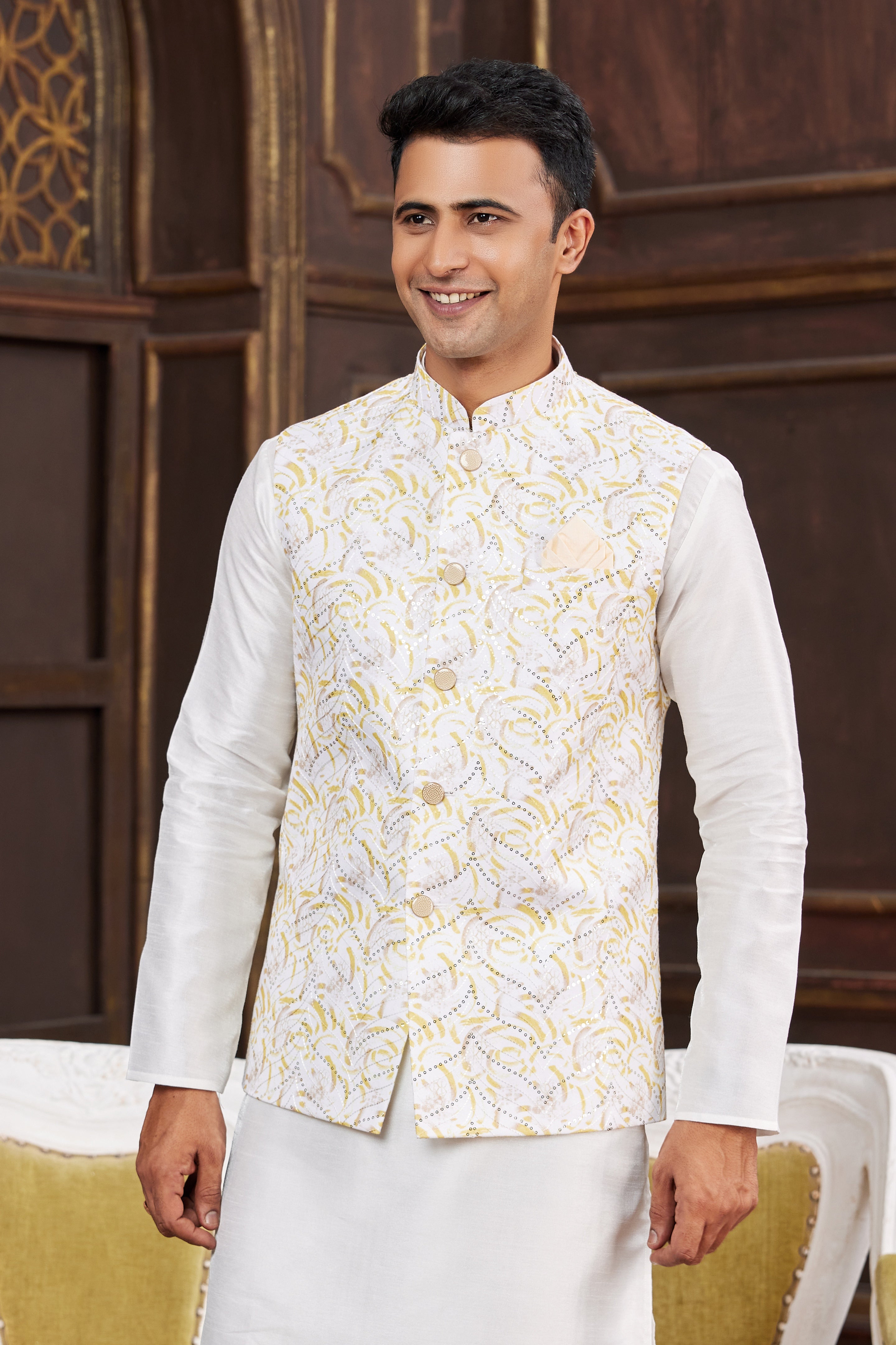 White wedding kurta set with art silk jacket