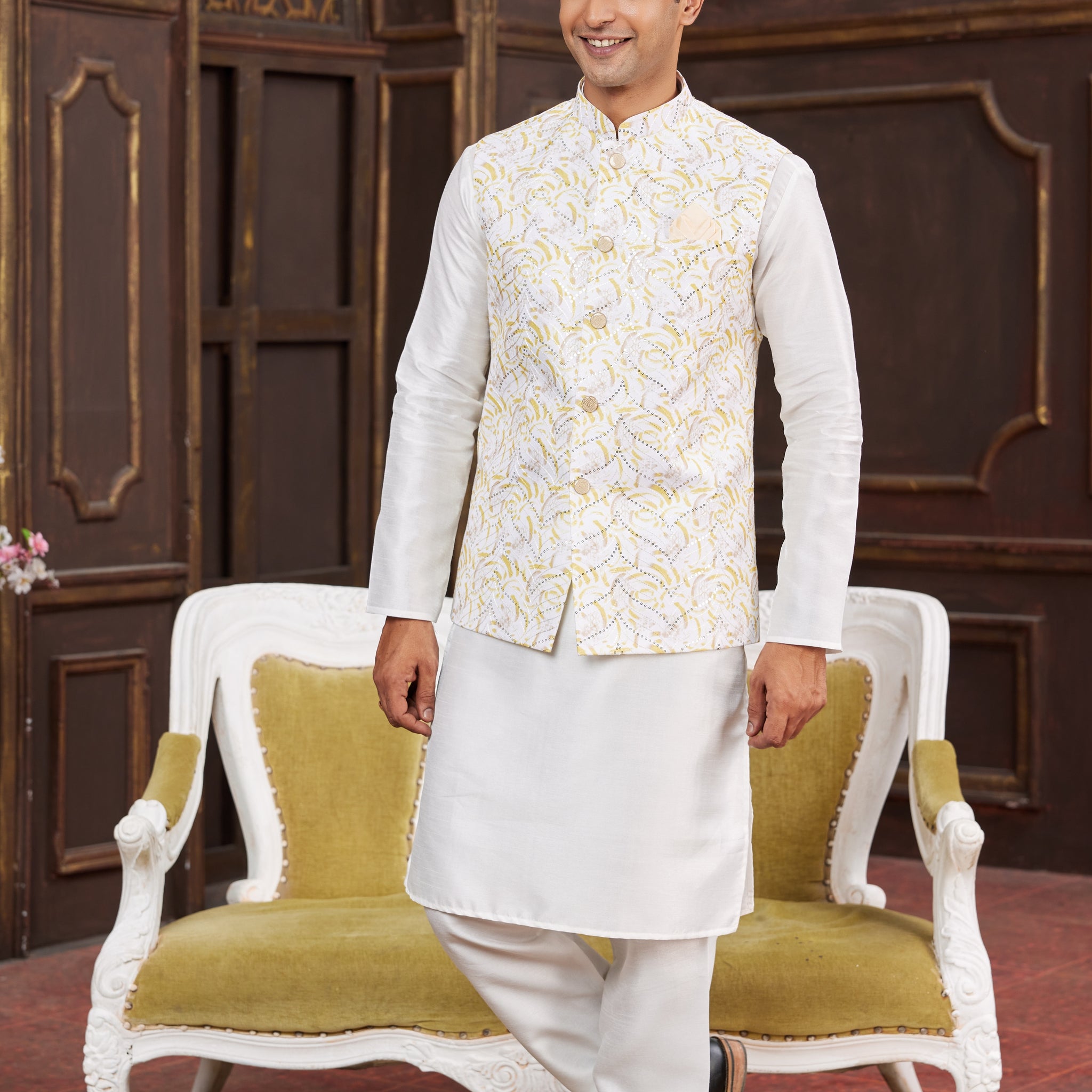 Off-white kurta pajama with jacket for men