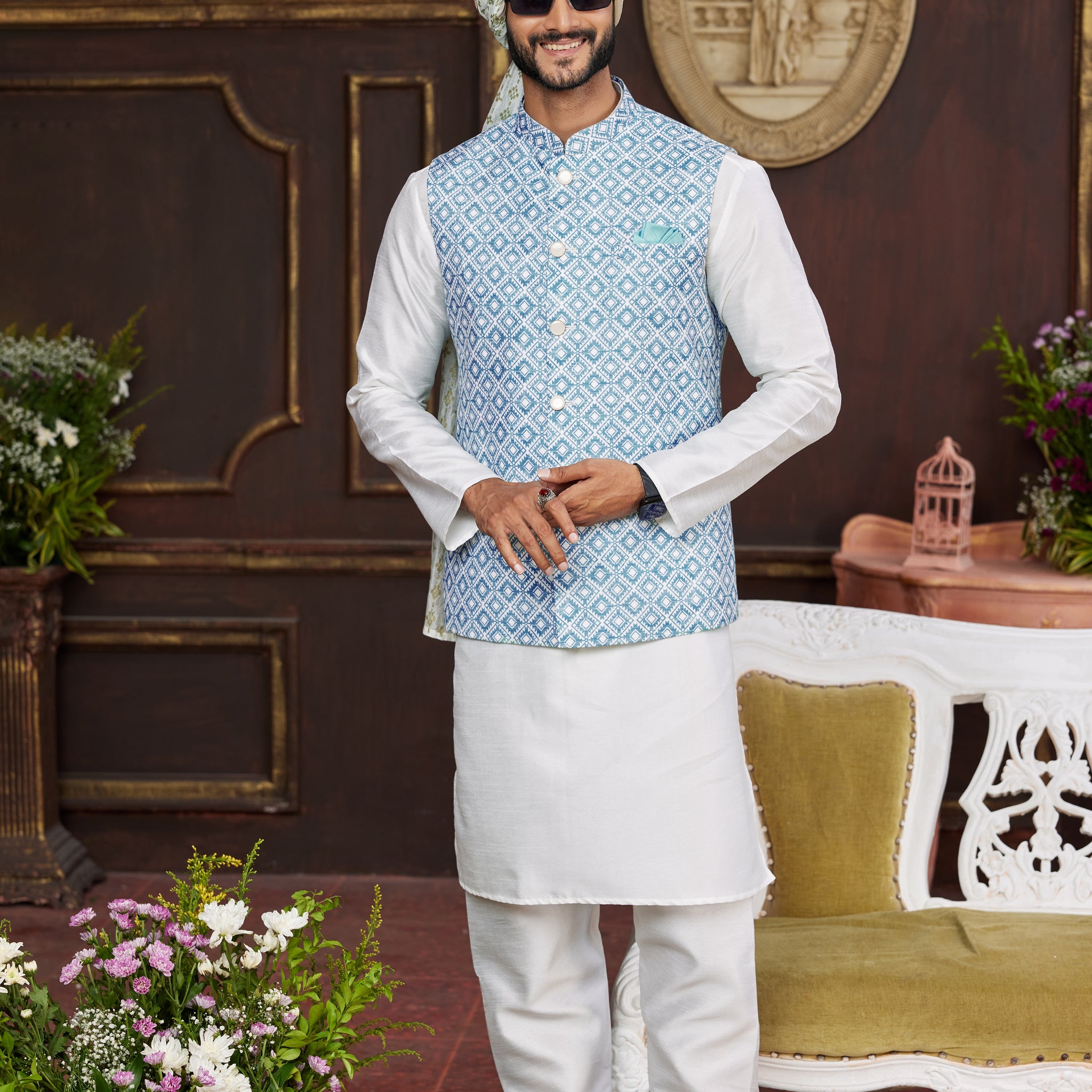 Navy blue kurta pajama with jacket for men