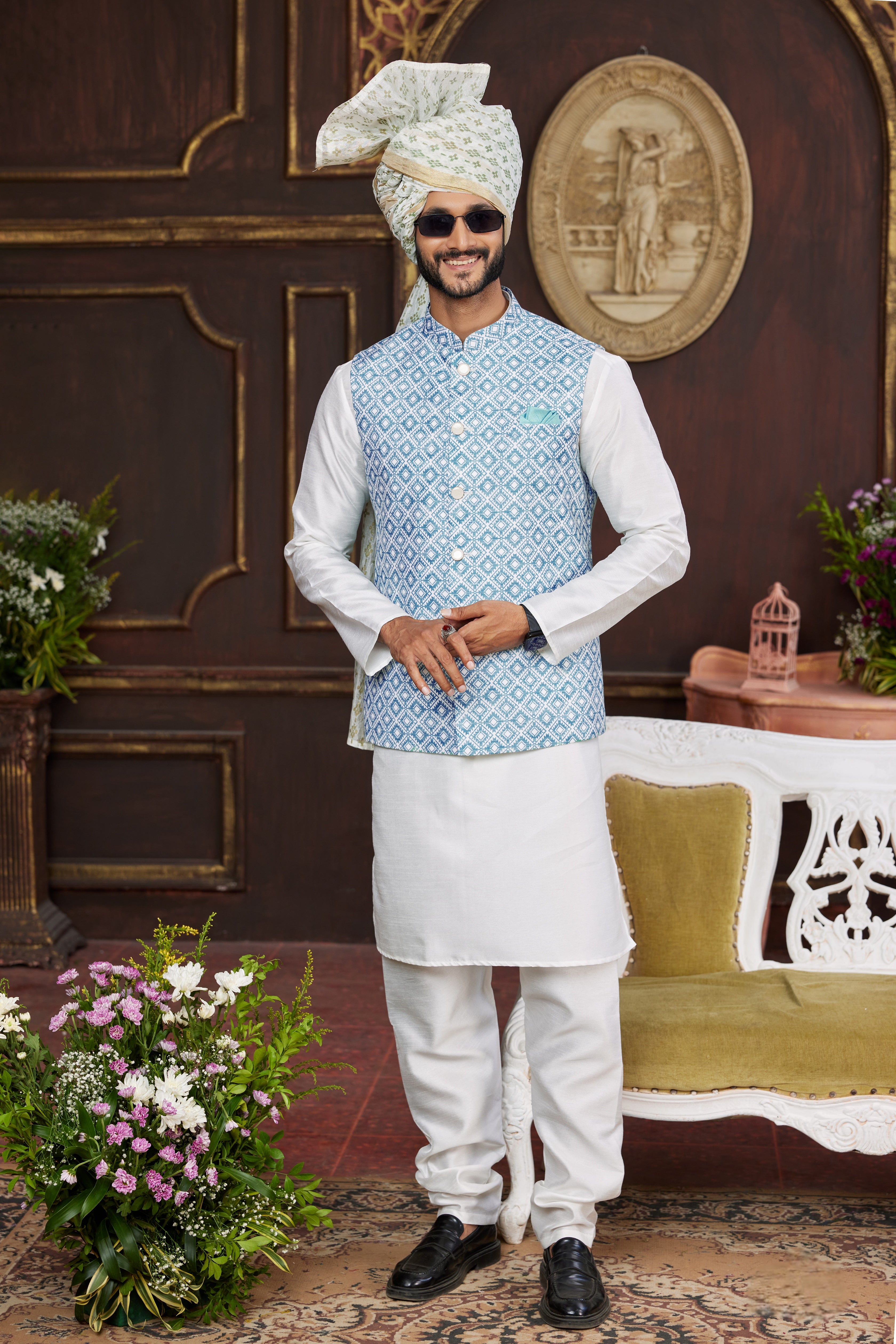 Navy blue kurta pajama with jacket for men