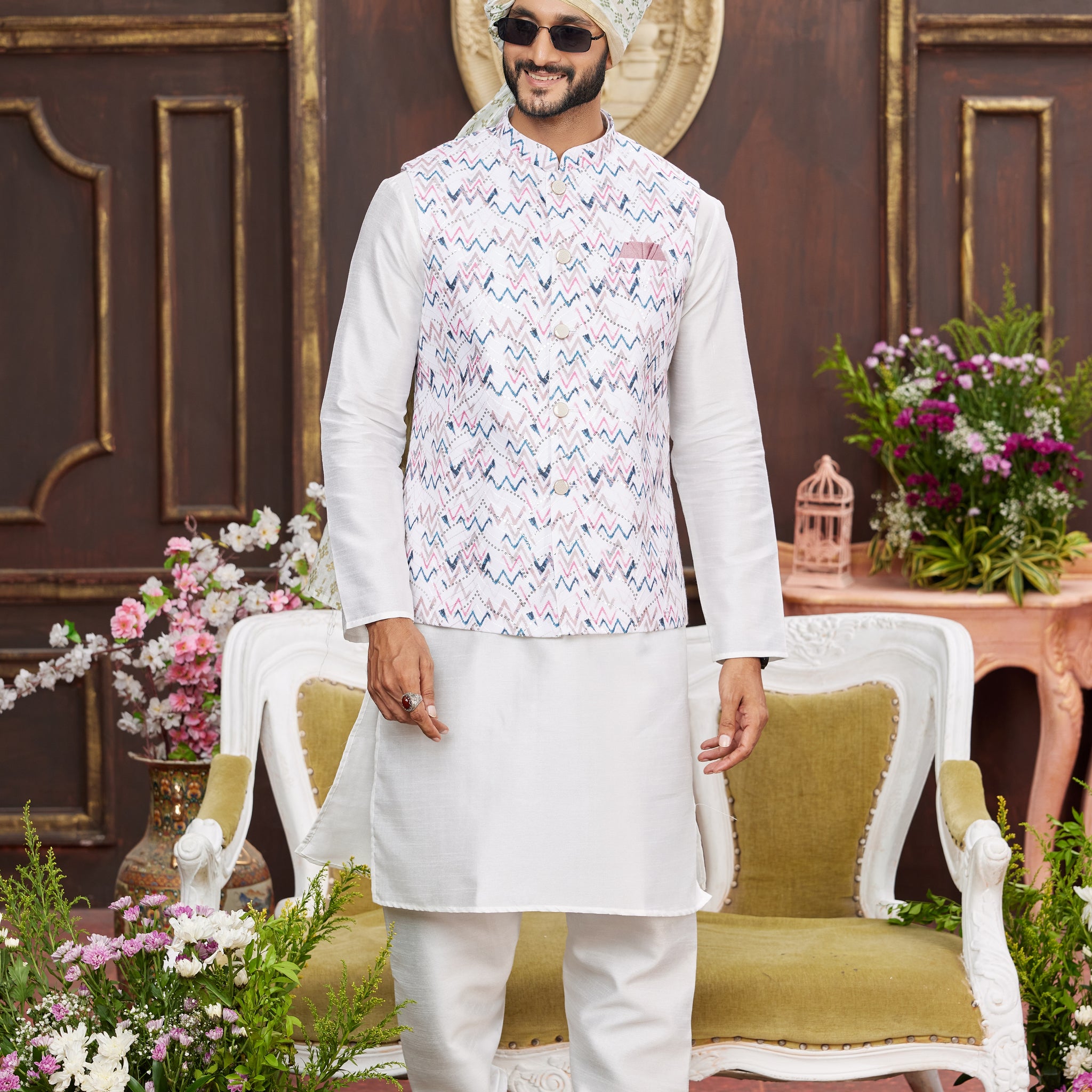 White kurta pajama with pink embroidered jacket