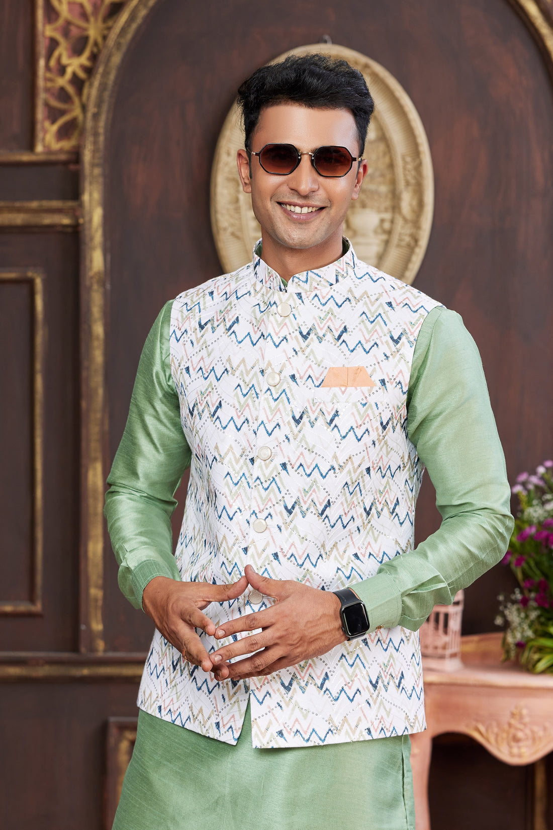 Green kurta pajama with white jacket for men