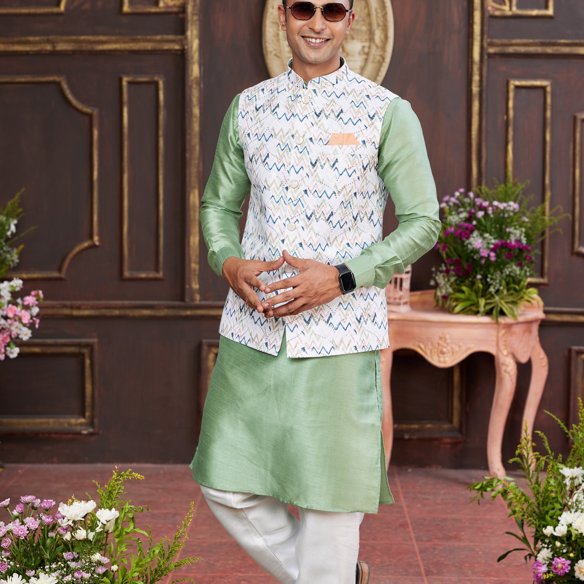 Green kurta pajama with white jacket for men