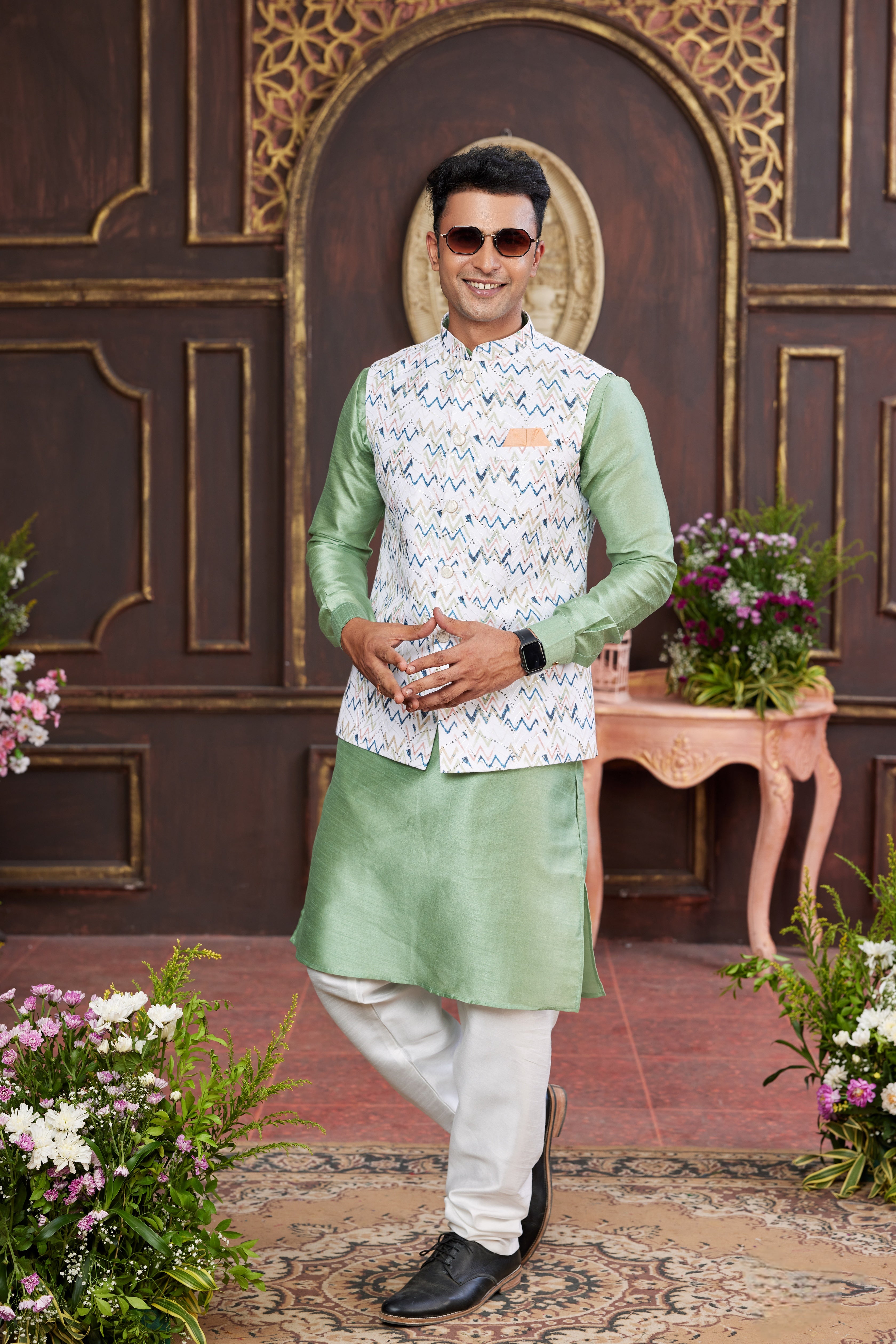 Green kurta pajama with white jacket for men