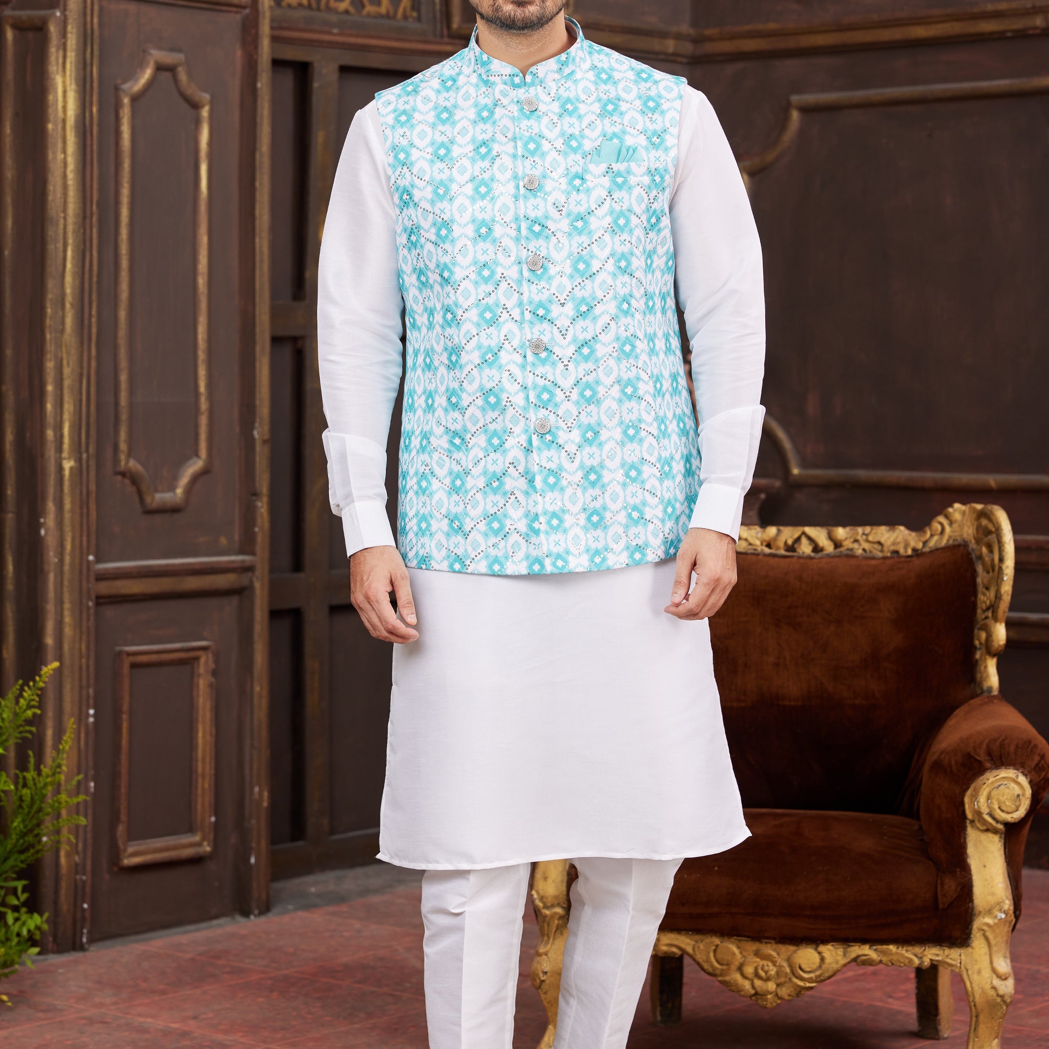 Aqua blue jacket with white kurta pajama