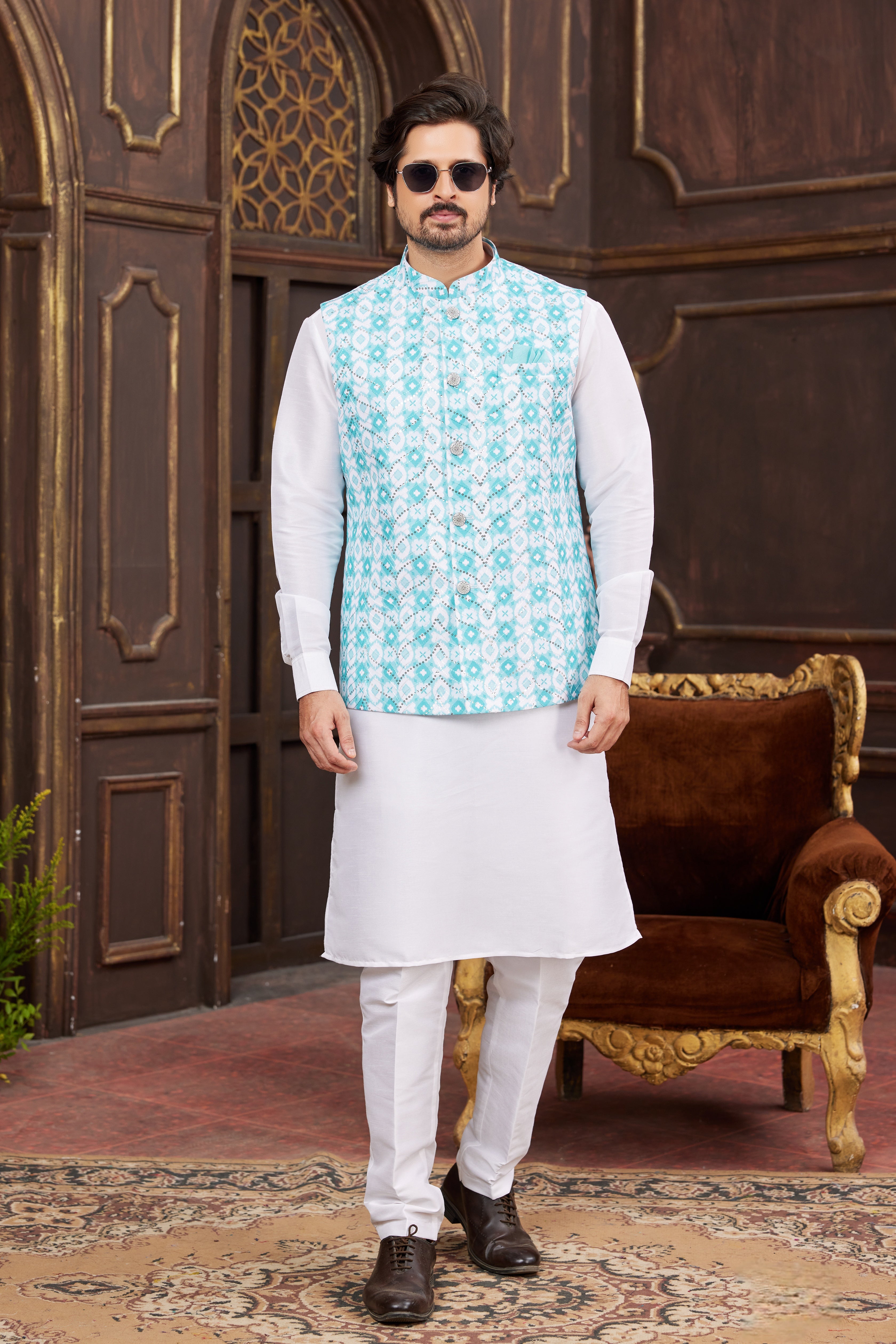 Aqua blue jacket with white kurta pajama