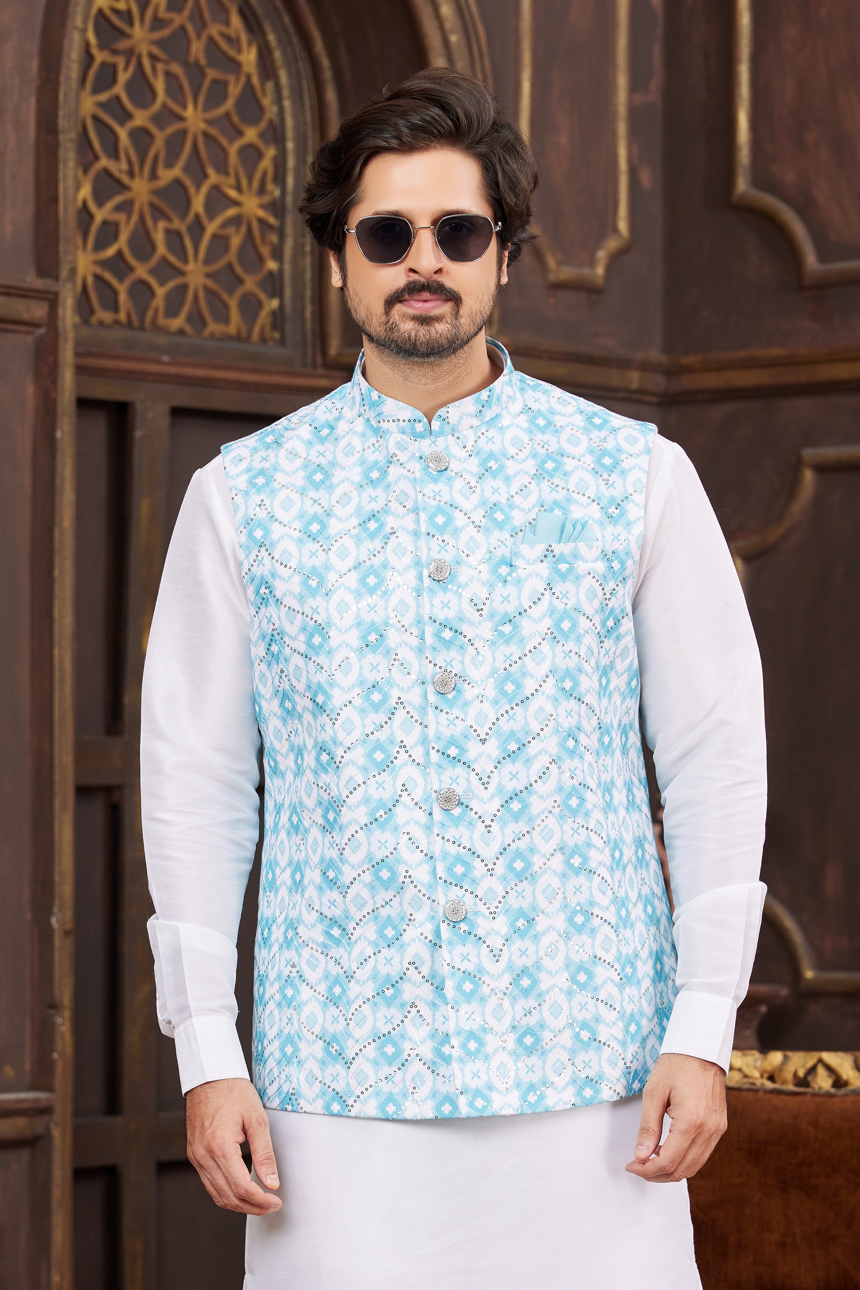 Art silk kurta pajama set with aqua blue jacket