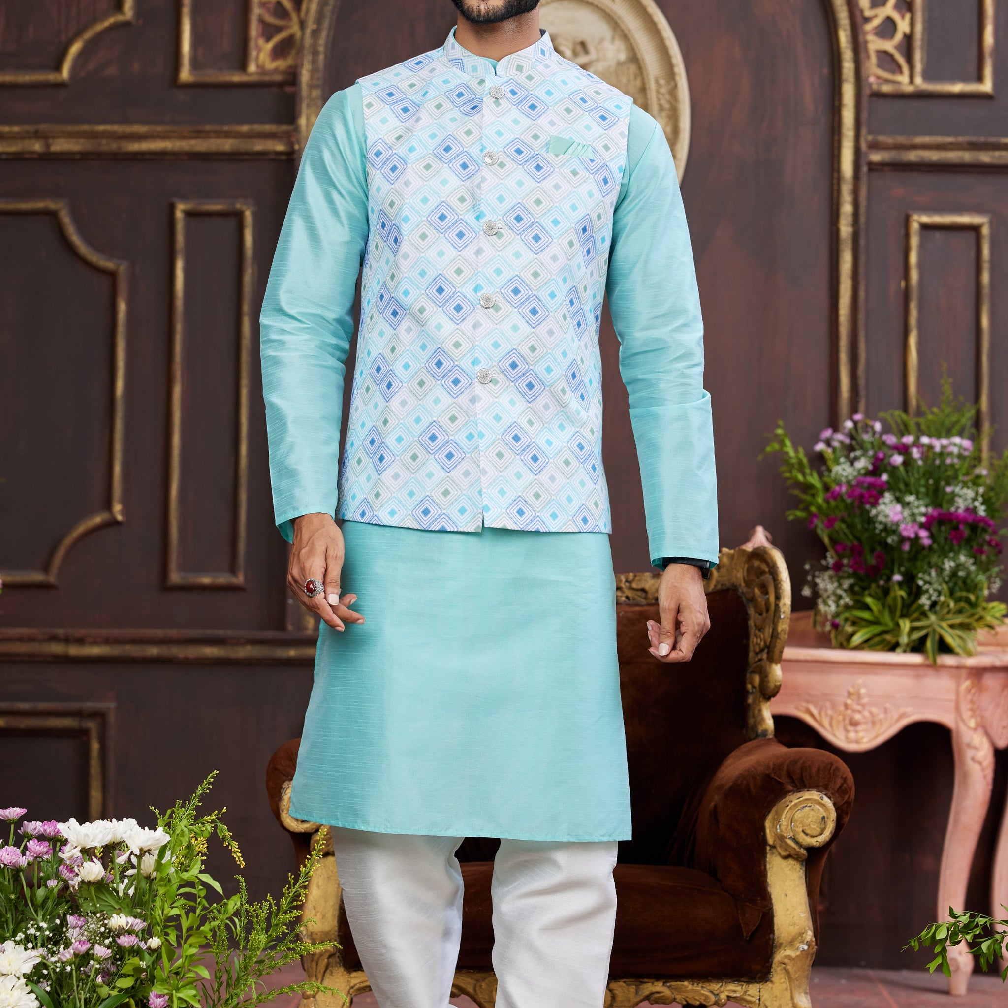 Sky blue kurta pajama with printed jacket
