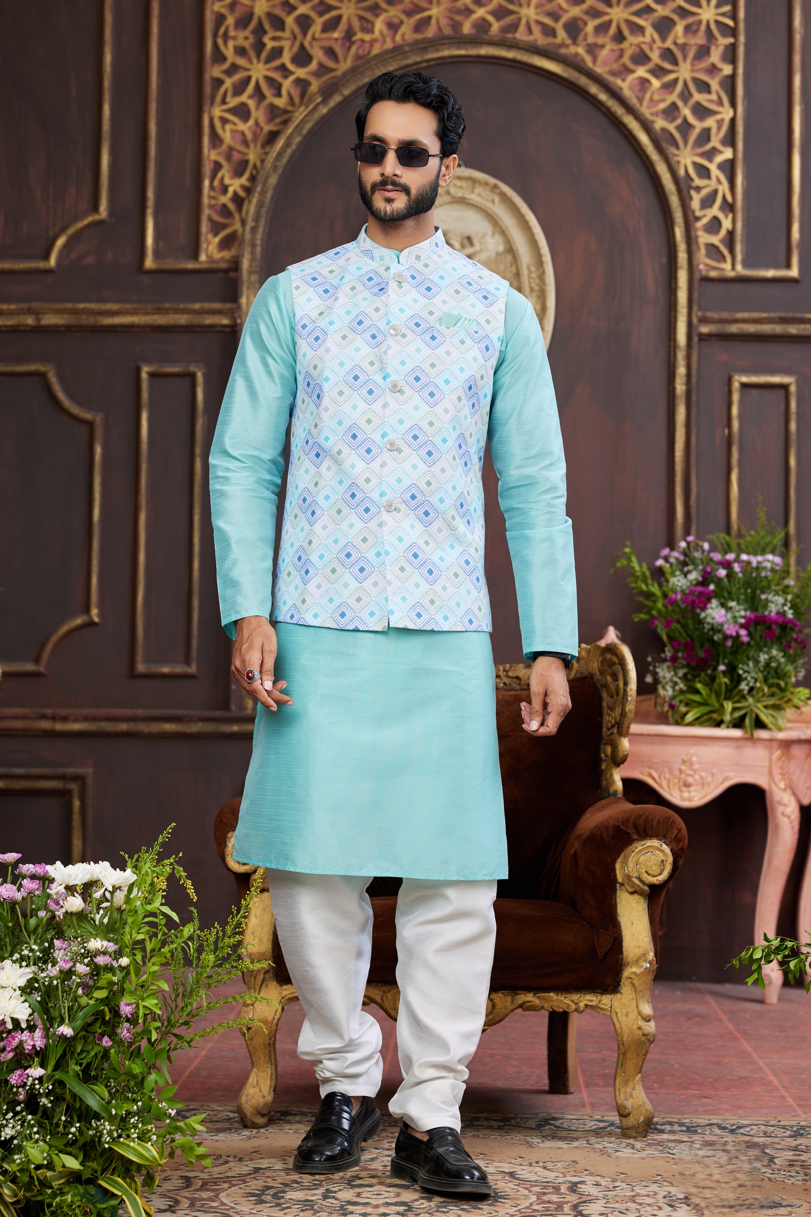 Sky blue kurta pajama with printed jacket