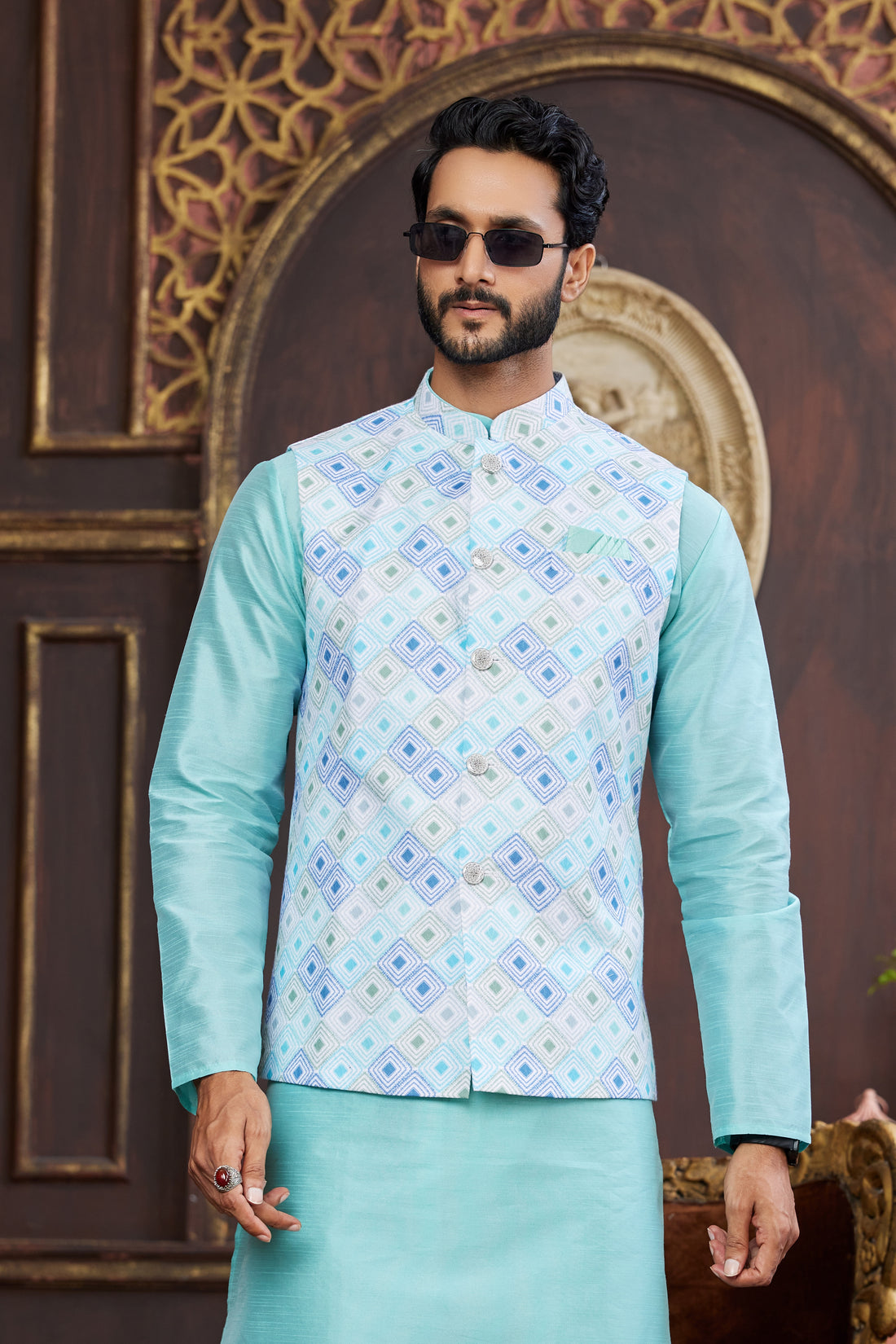 Sky blue kurta pajama with printed jacket