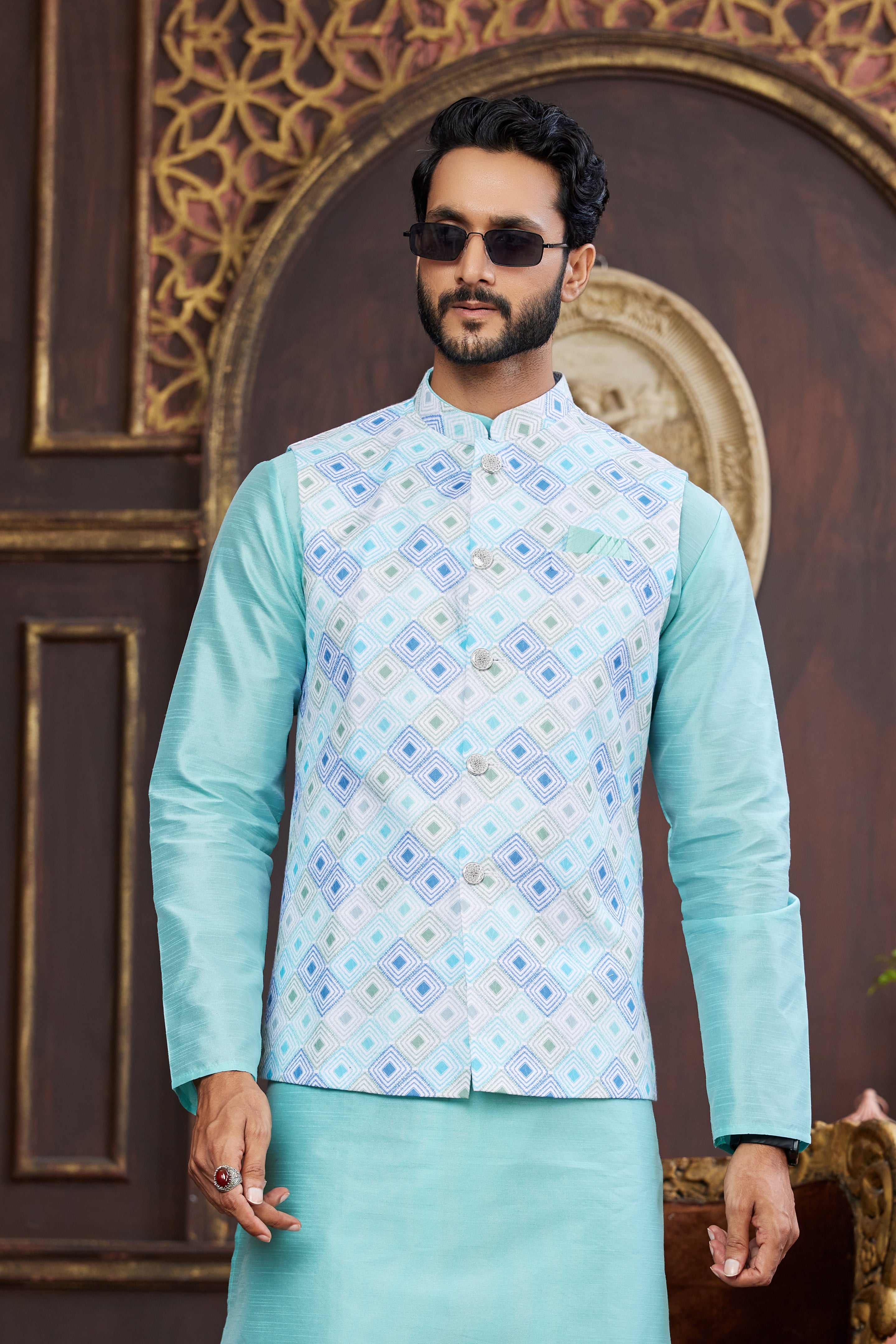Festive blue kurta set for men with jacket