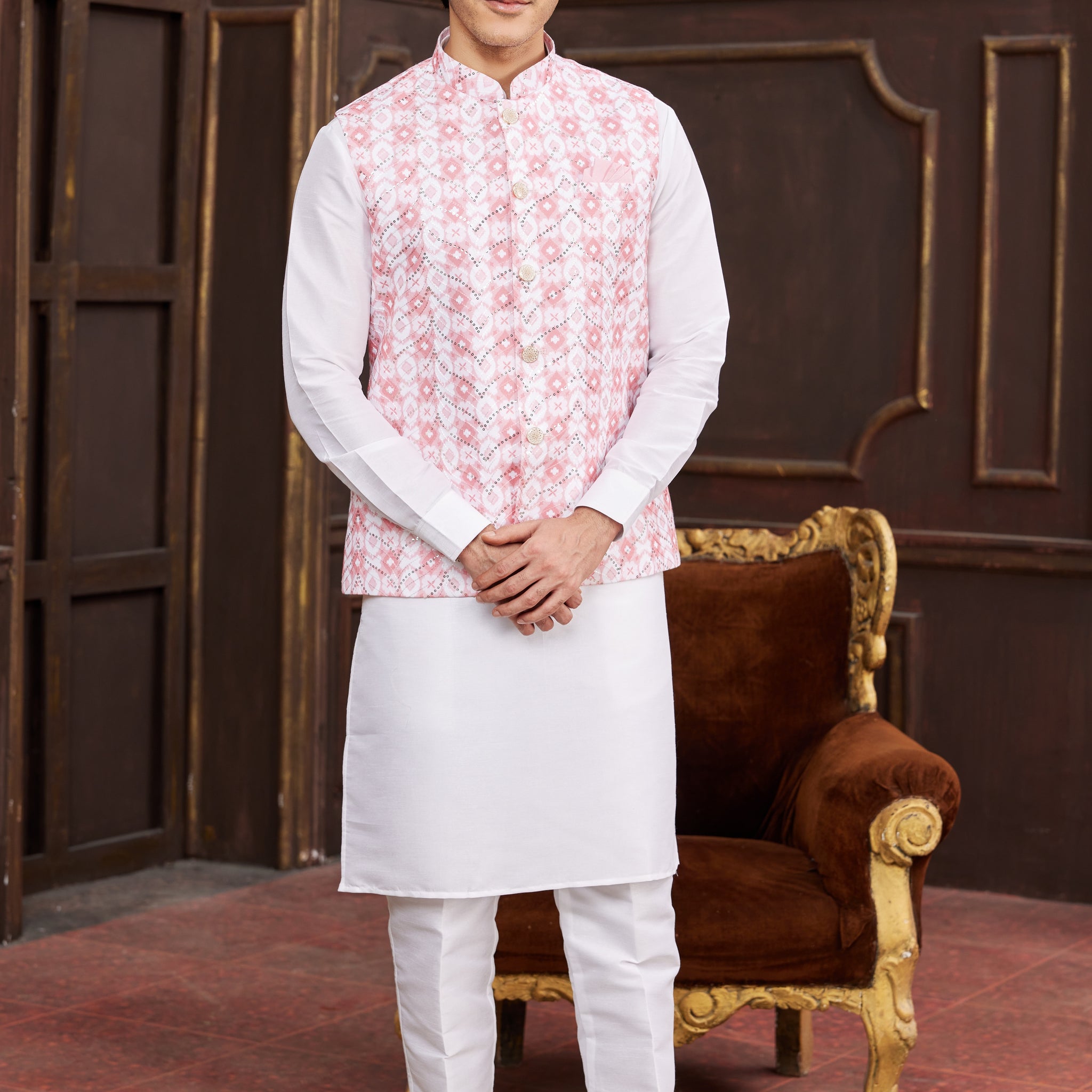 Baby pink jacket with kurta pajama for men