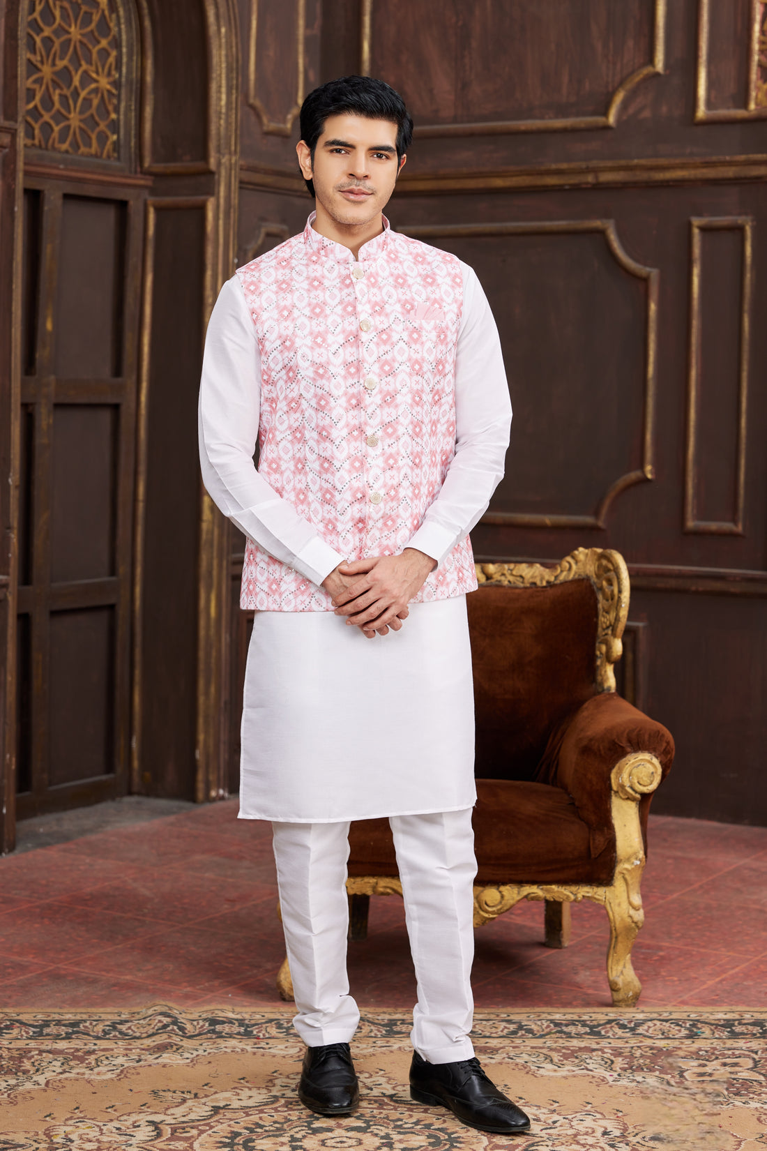 Baby pink jacket with kurta pajama for men