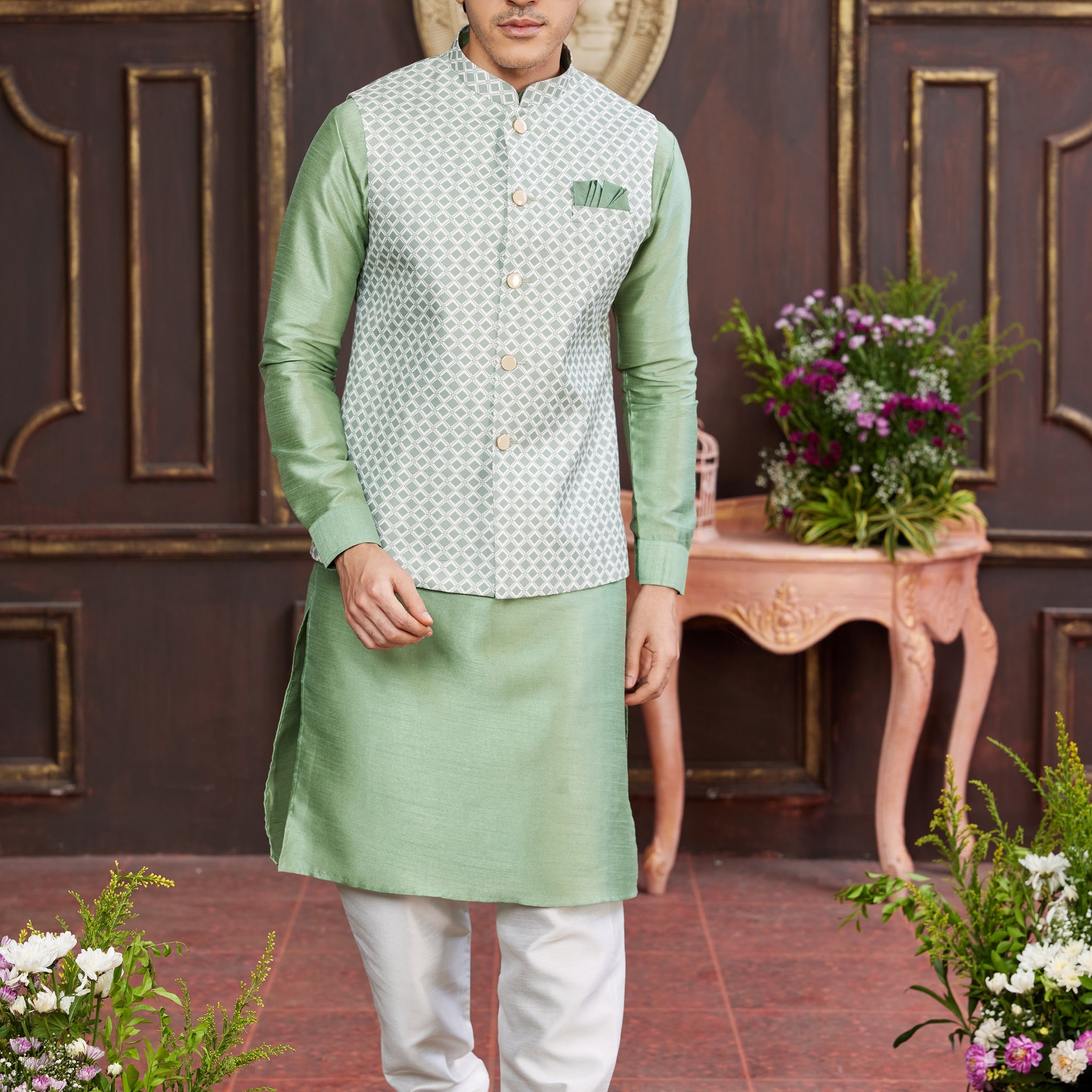 Mint green kurta pajama with white jacket