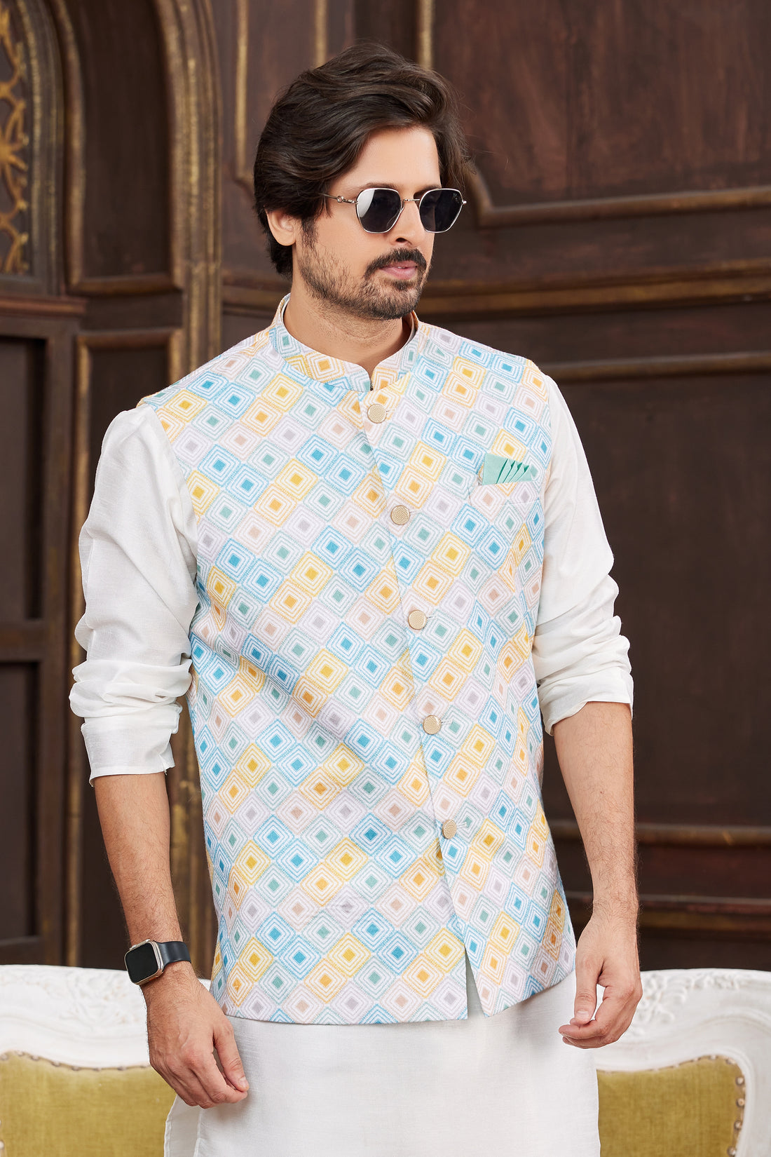 Multi-color printed jacket with white kurta pajama