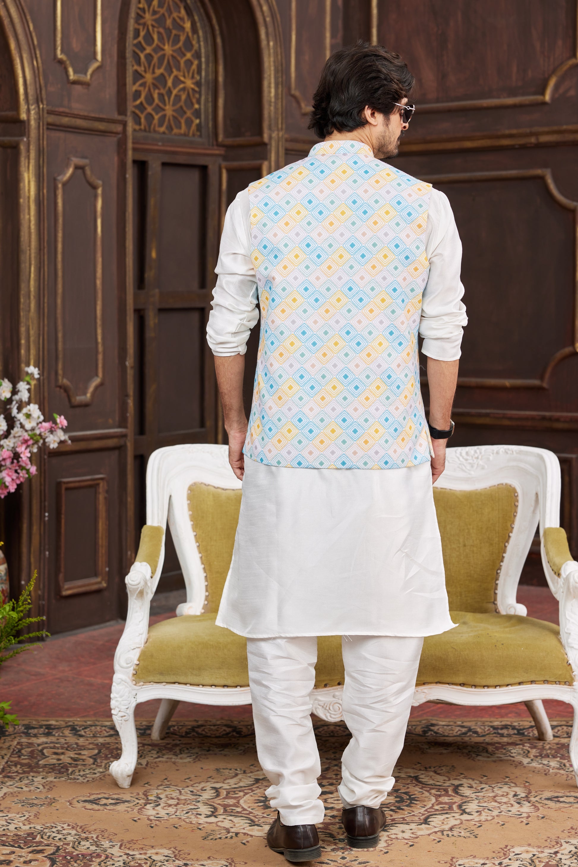Multi-Color Printed Jacket with White Kurta Pajama for Men