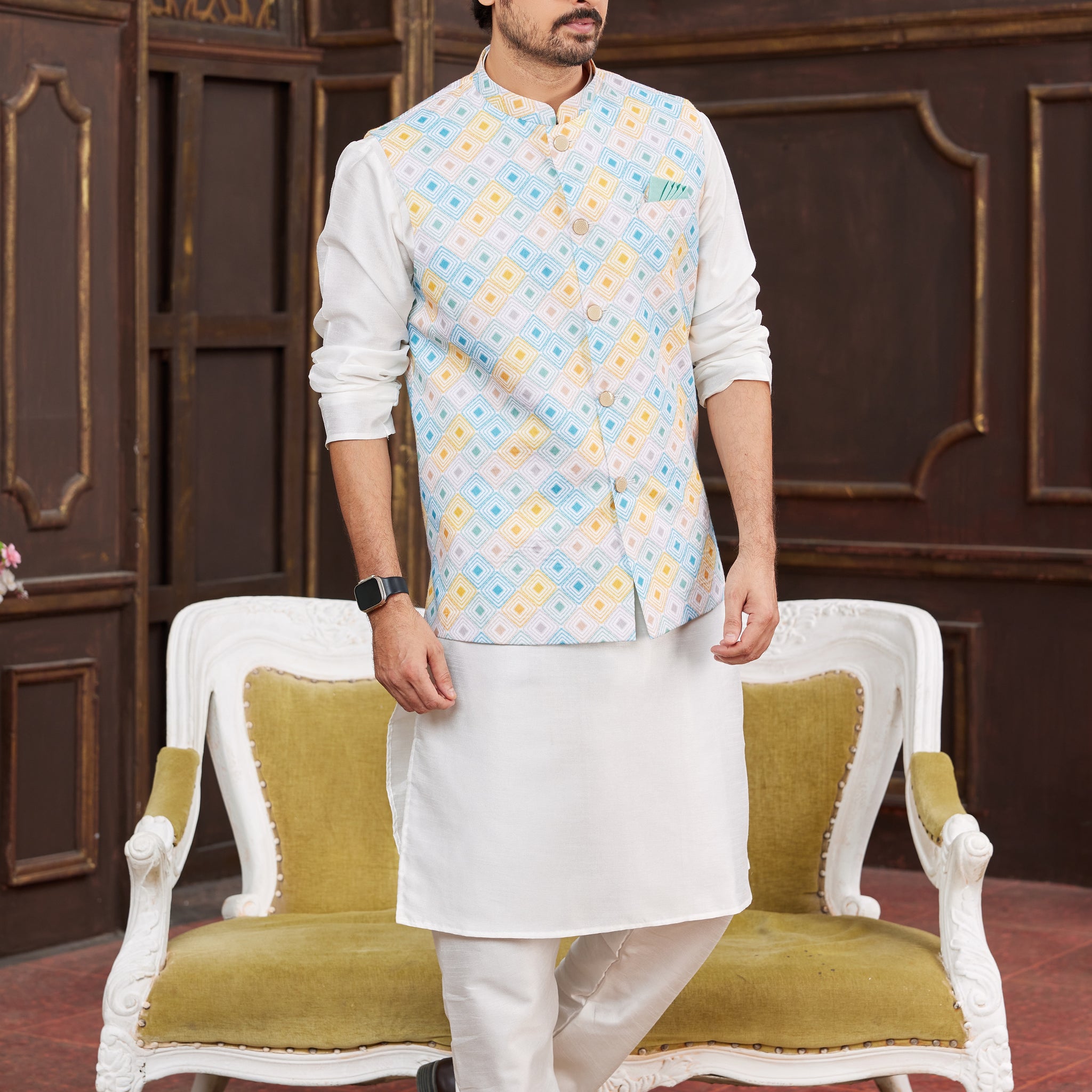 Multi-color printed jacket with white kurta pajama