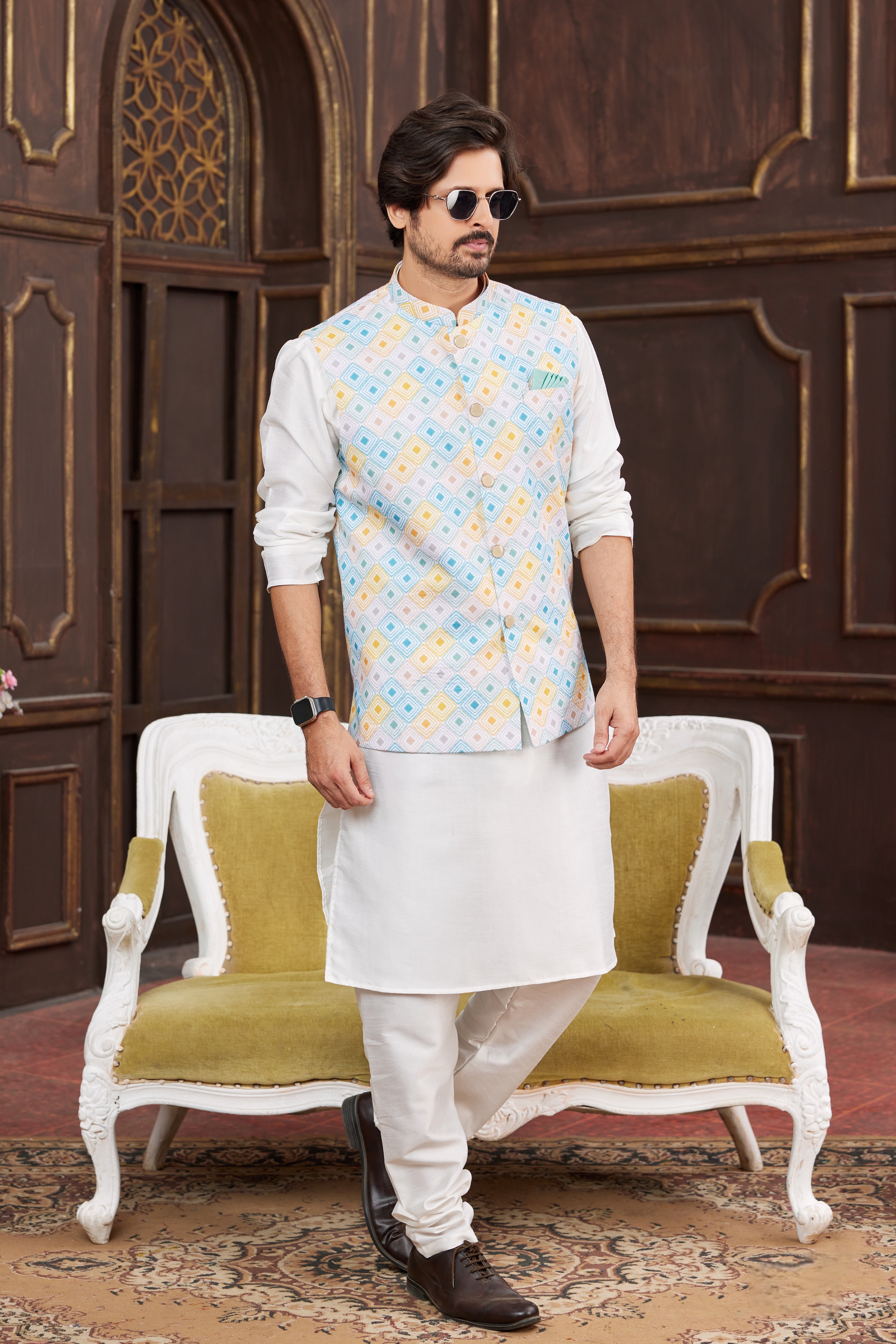 Multi-color printed jacket with white kurta pajama