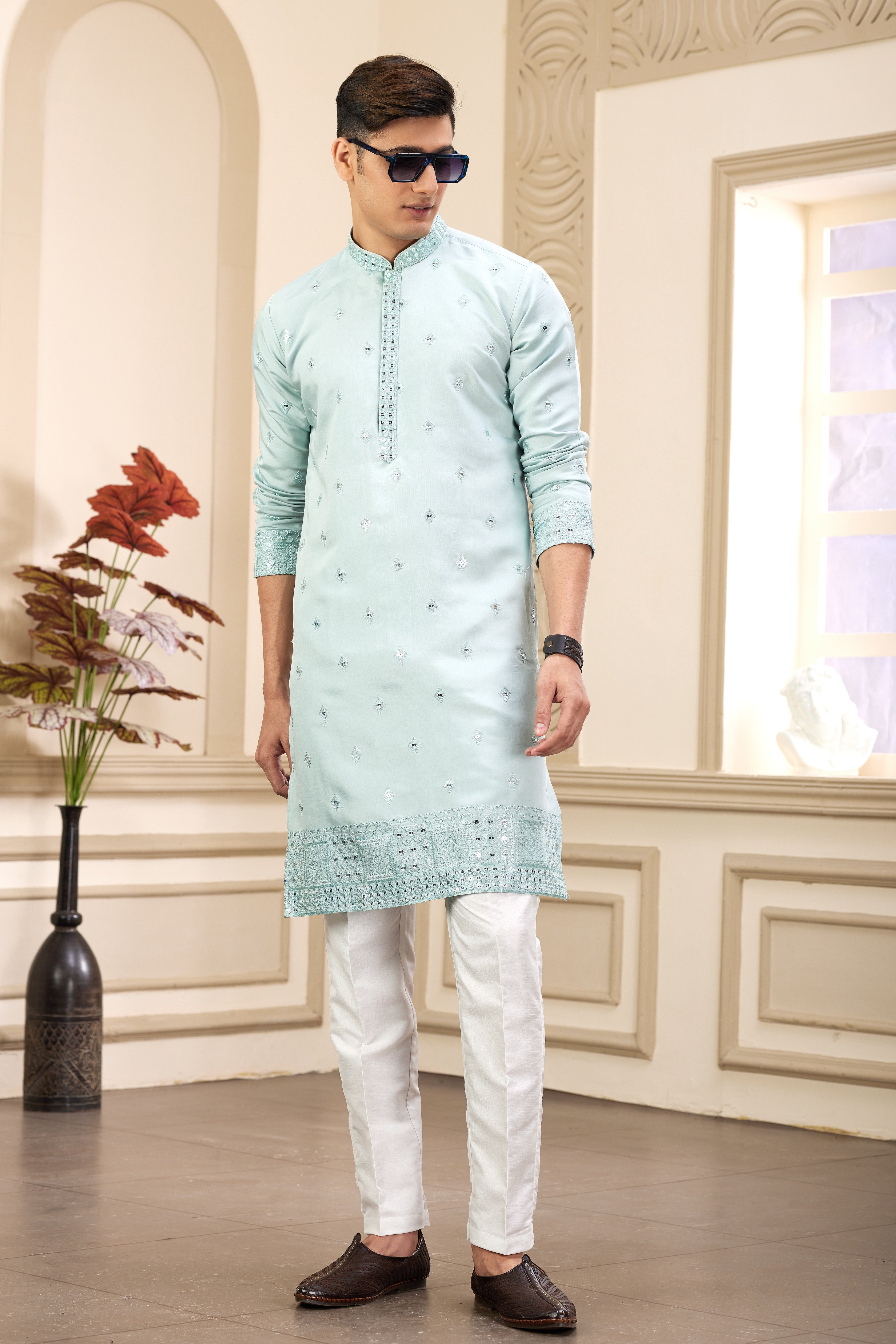 Blue art silk kurta pajama for summer