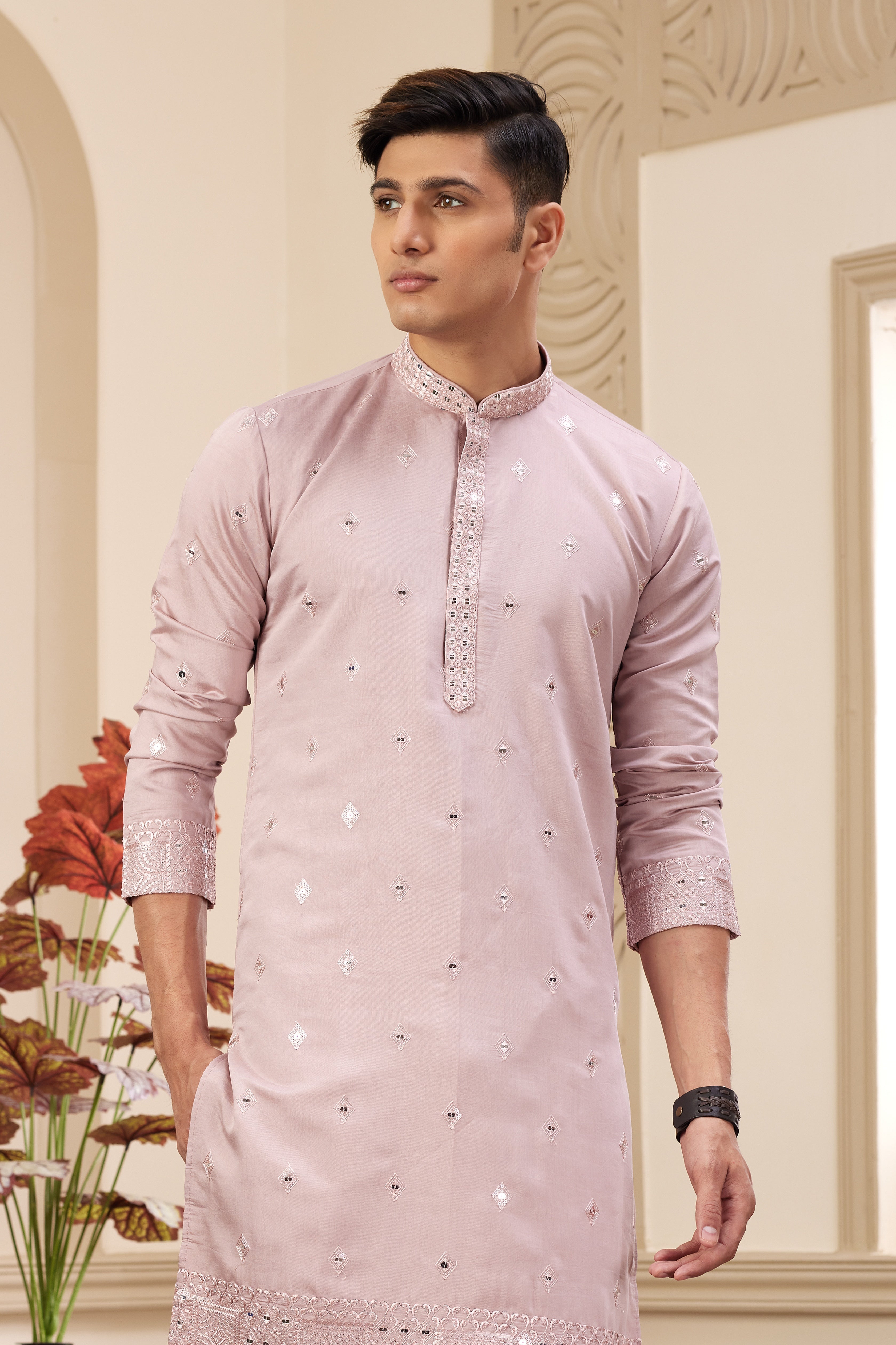 Embroidered purple kurta pajama for men