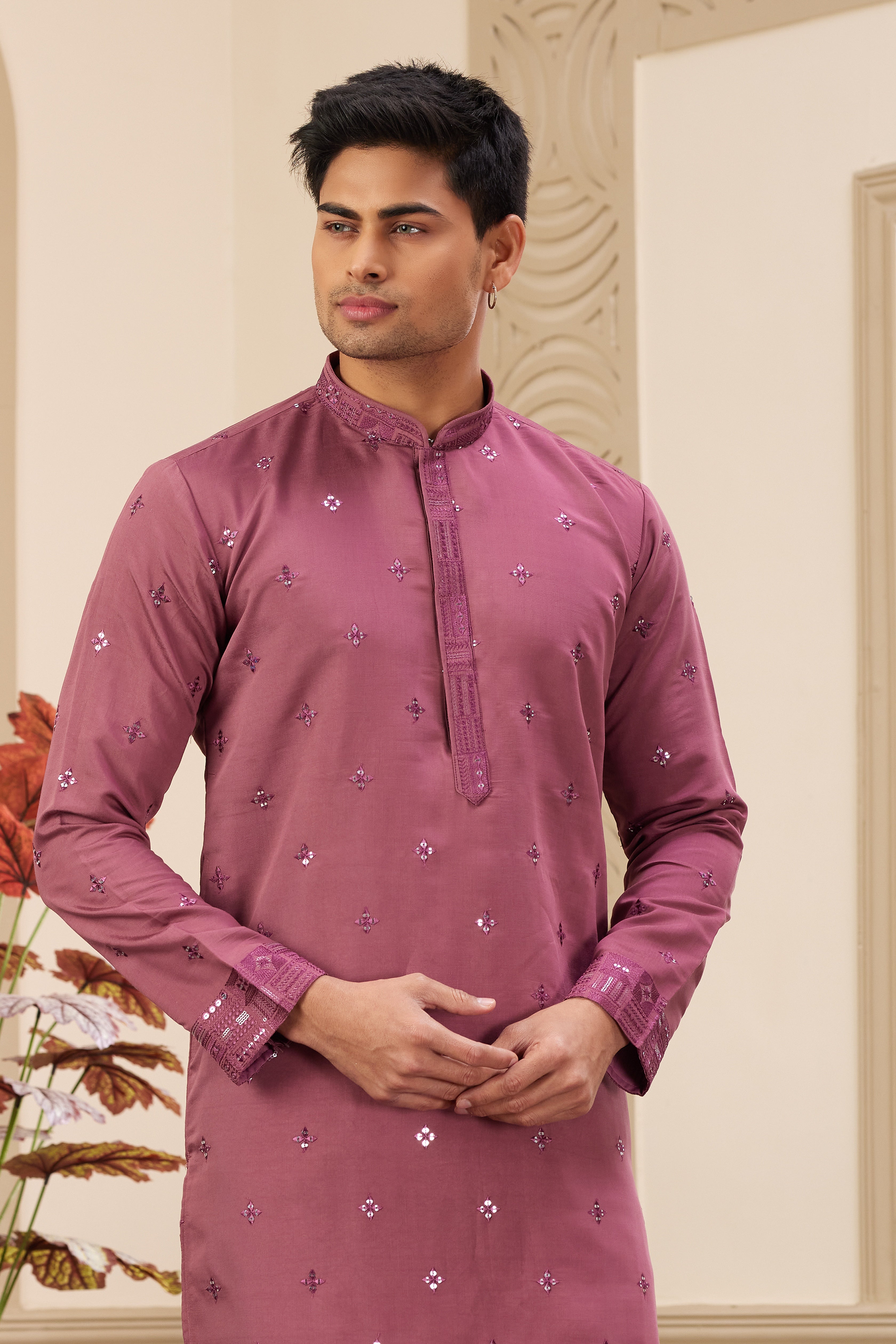 Men’s embroidered wedding kurta in maroon