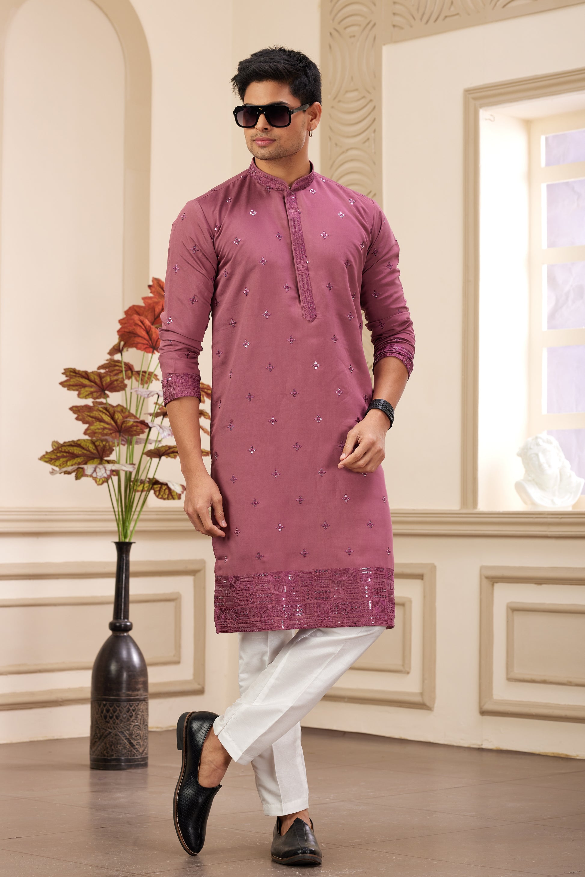 Wine Maroon Art Silk Kurta Pajama for Men