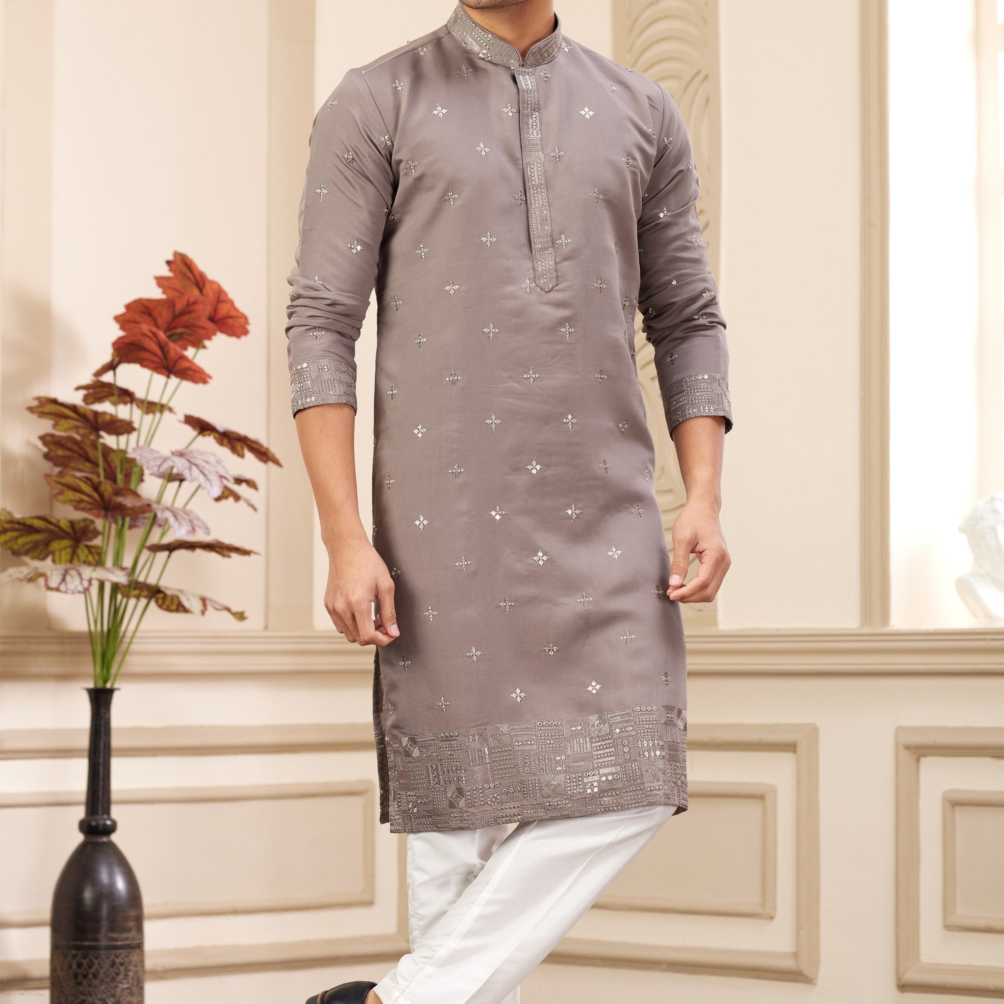 Grey art silk kurta set for men