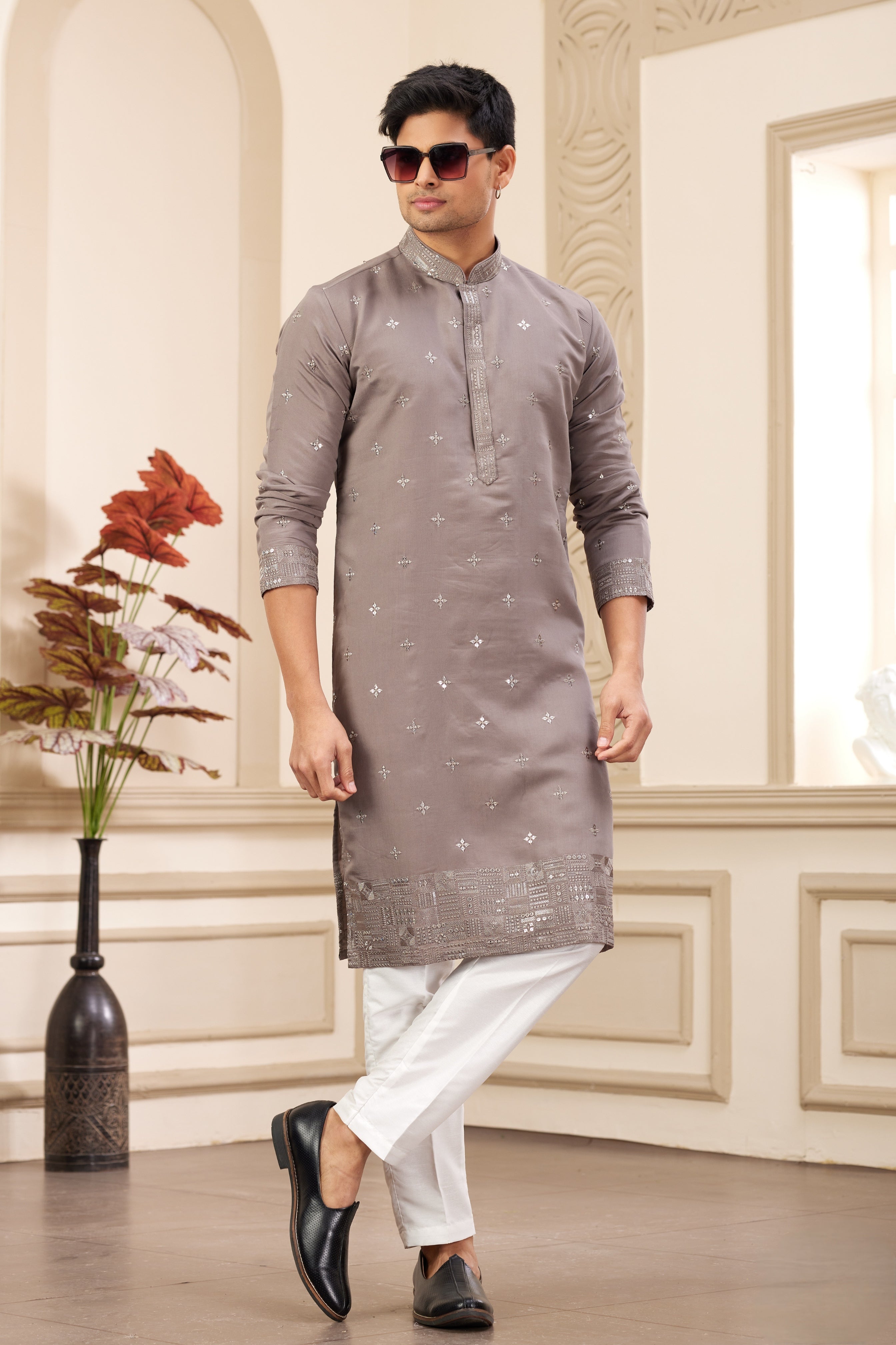 Grey art silk kurta set for men
