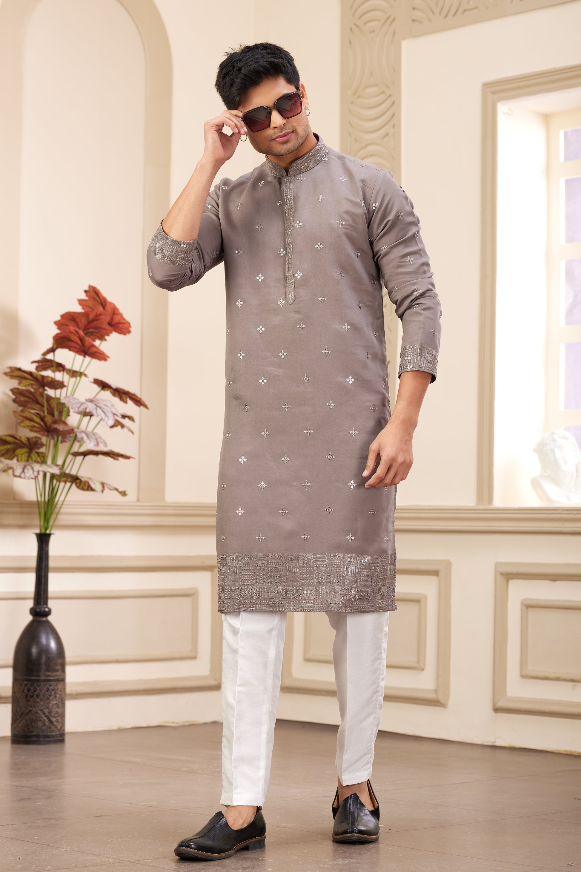 Stylish grey kurta with Banarasi pants