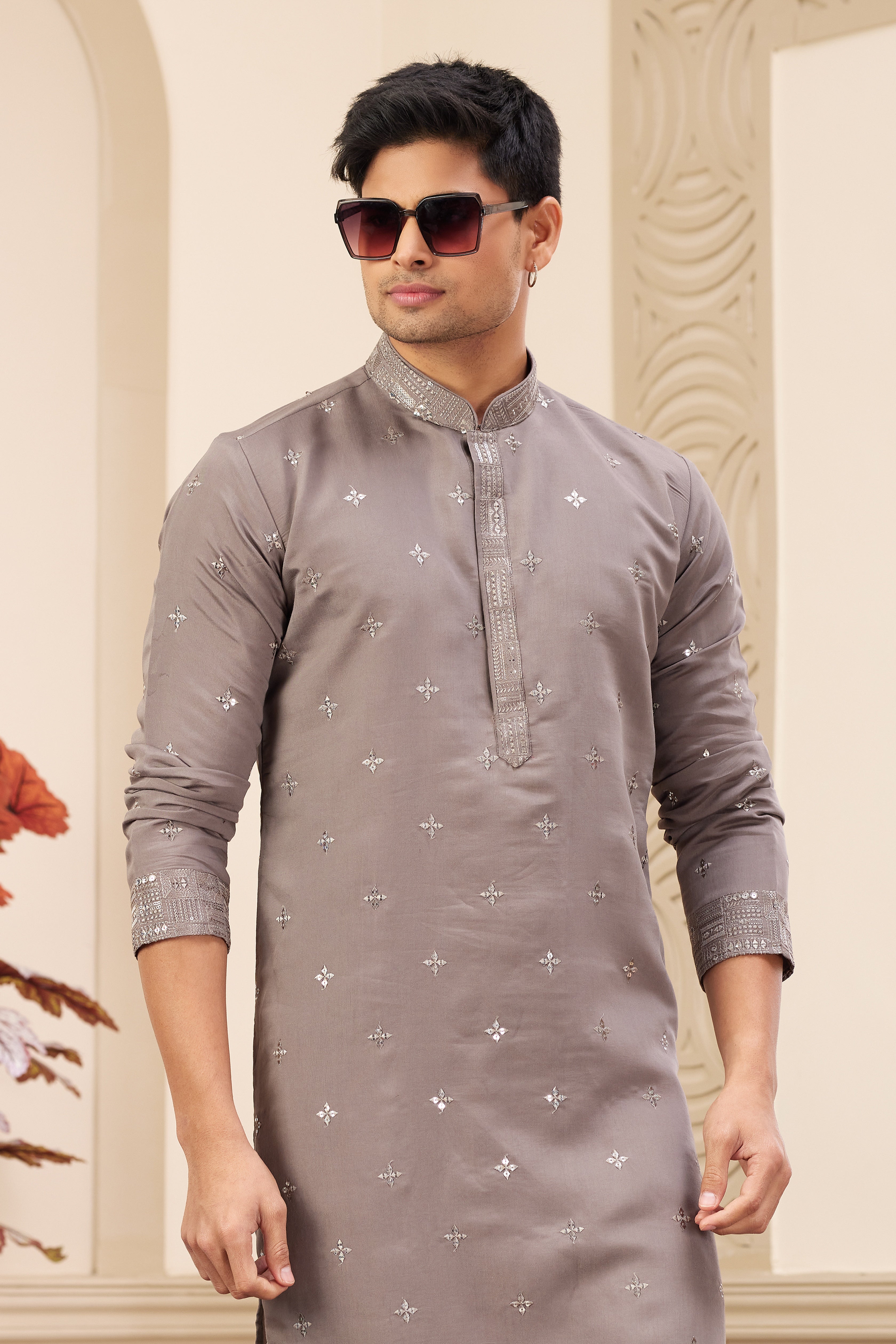 Men’s embroidered grey kurta pajama