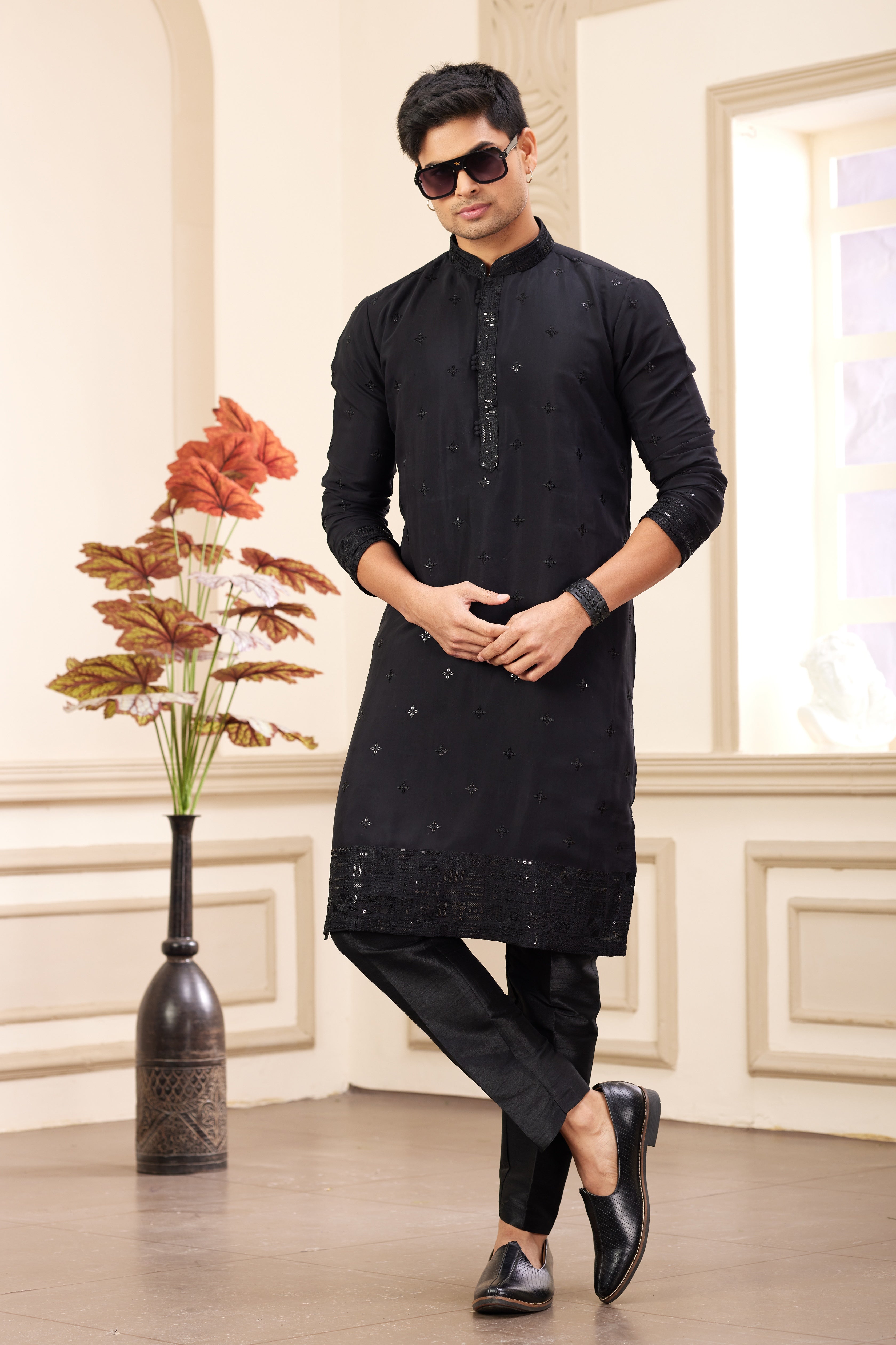 Stylish black wedding kurta for men