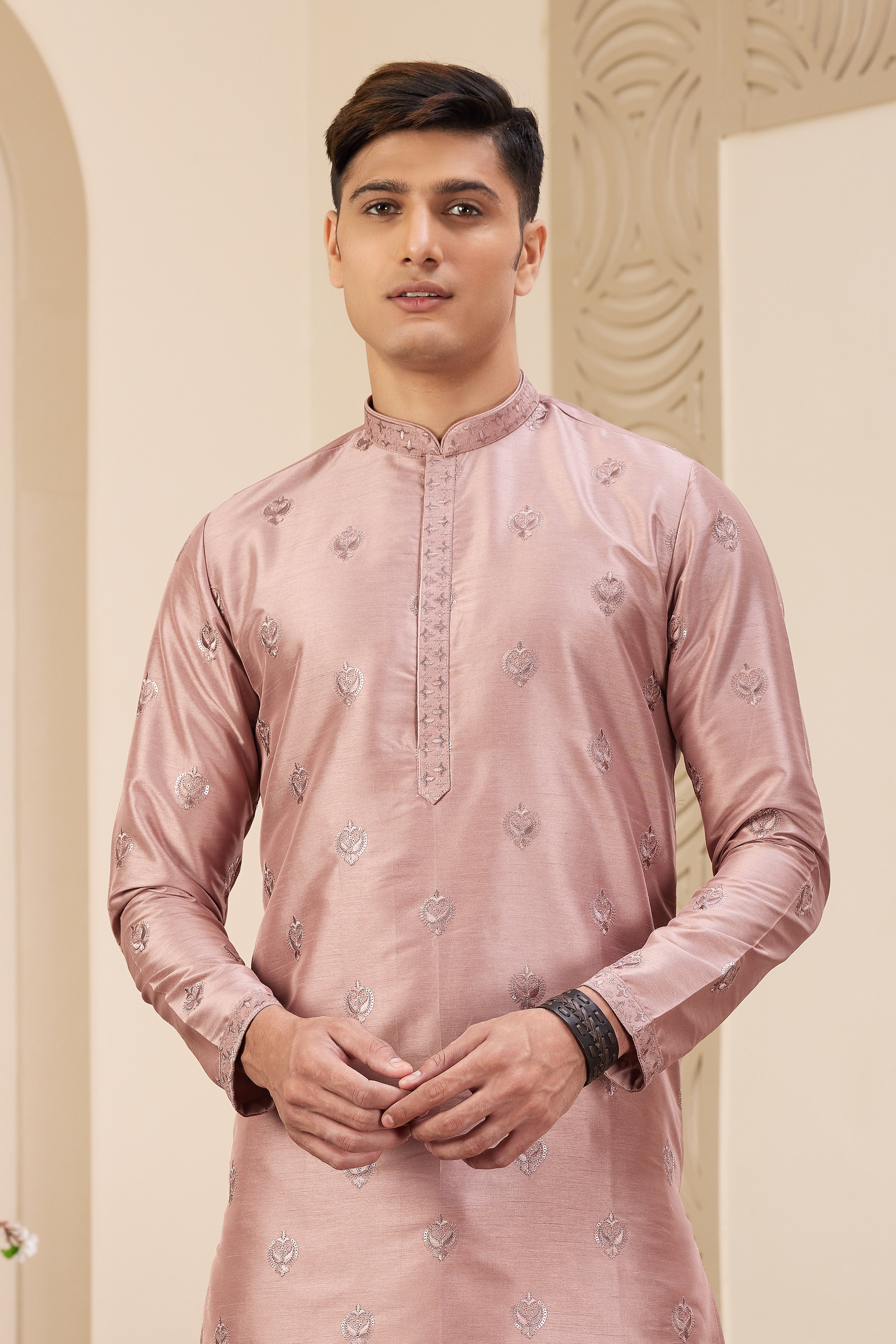 Art silk kurta pajama in pink for festive wear