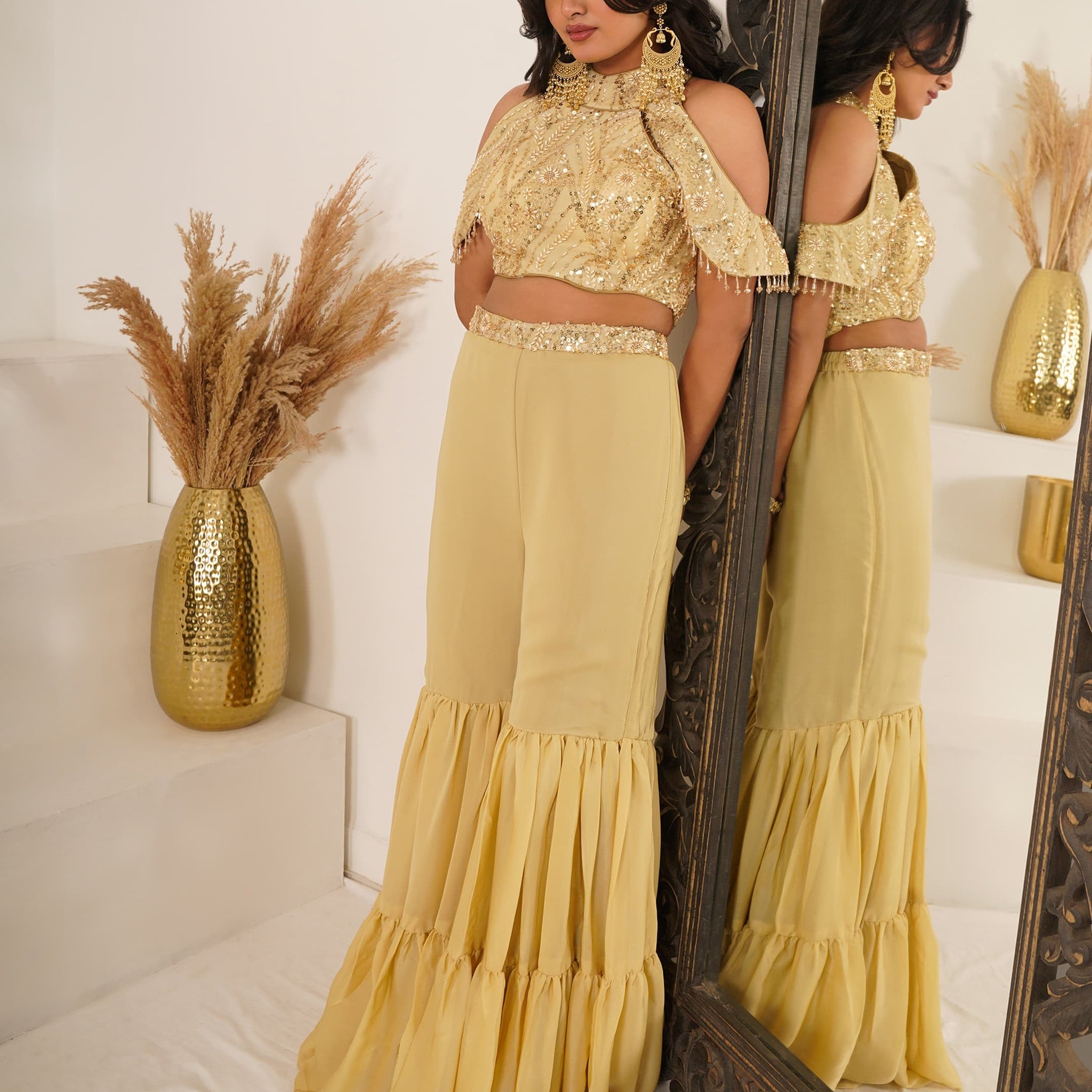 Golden Yellow Indo Western Crop Top Palazzo Set – Front Pose

