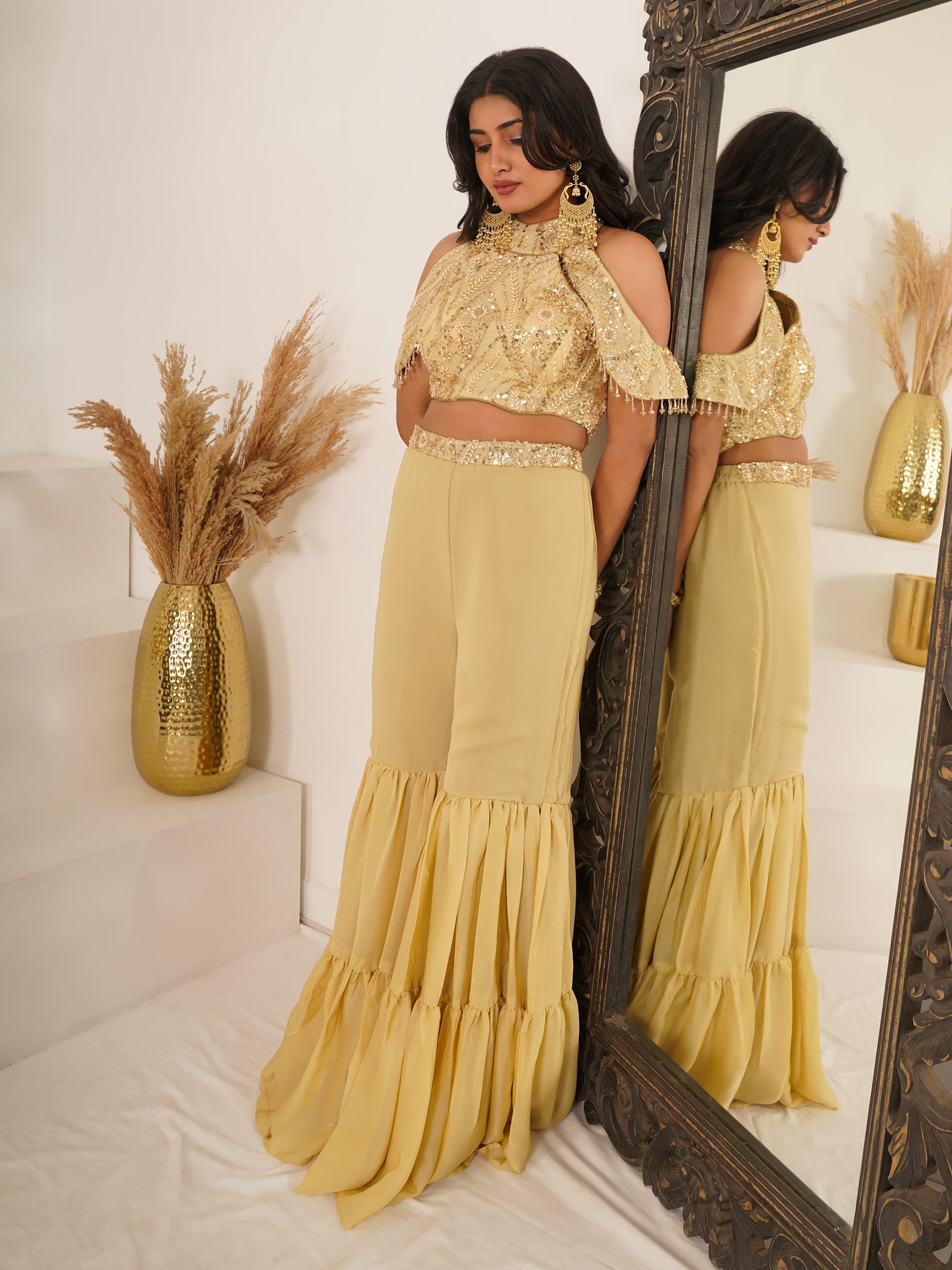 Golden Yellow Indo Western Crop Top Palazzo Set – Front Pose

