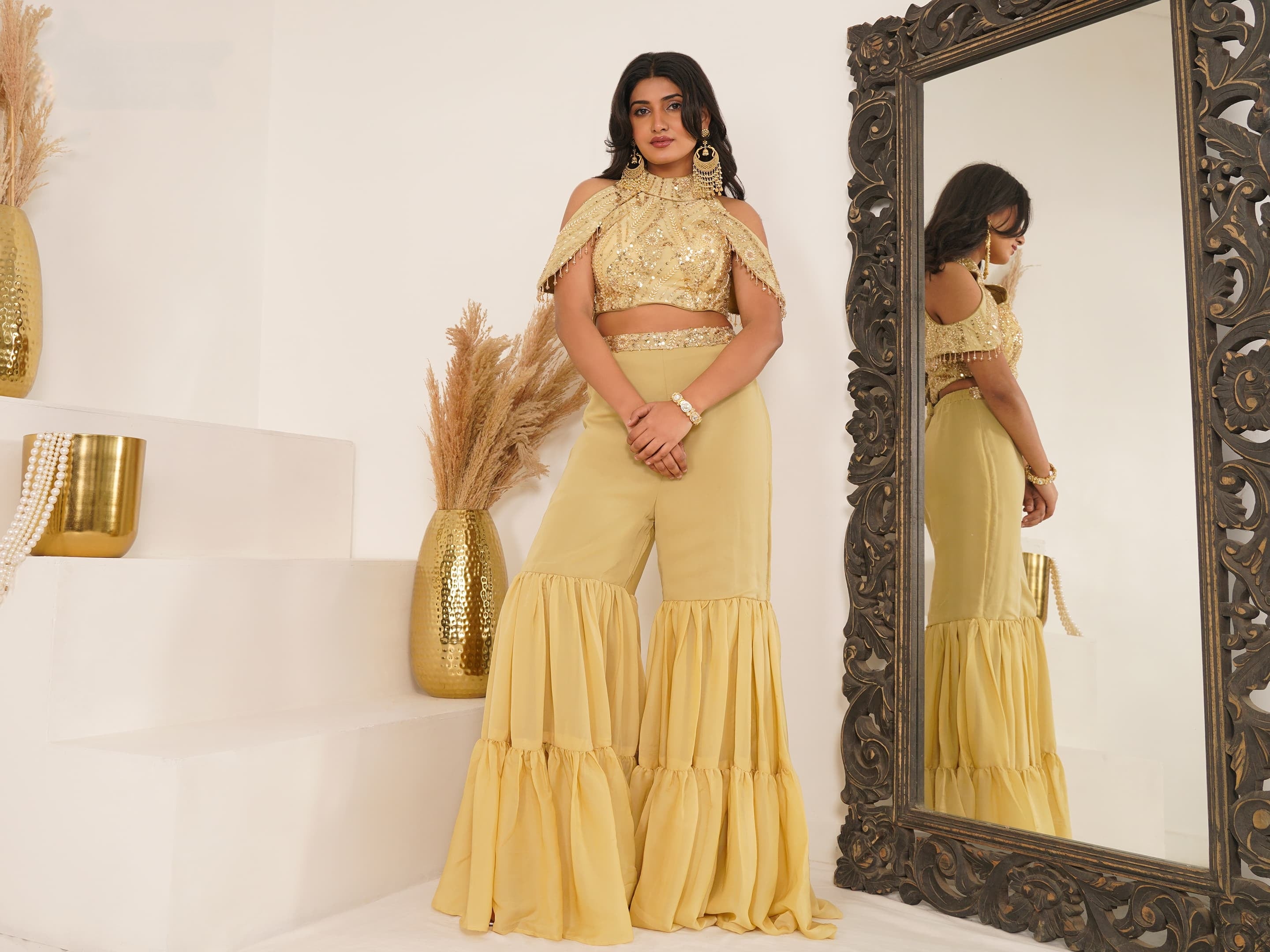 Party Wear Crop Top Palazzo with Cold Shoulder Sleeves

