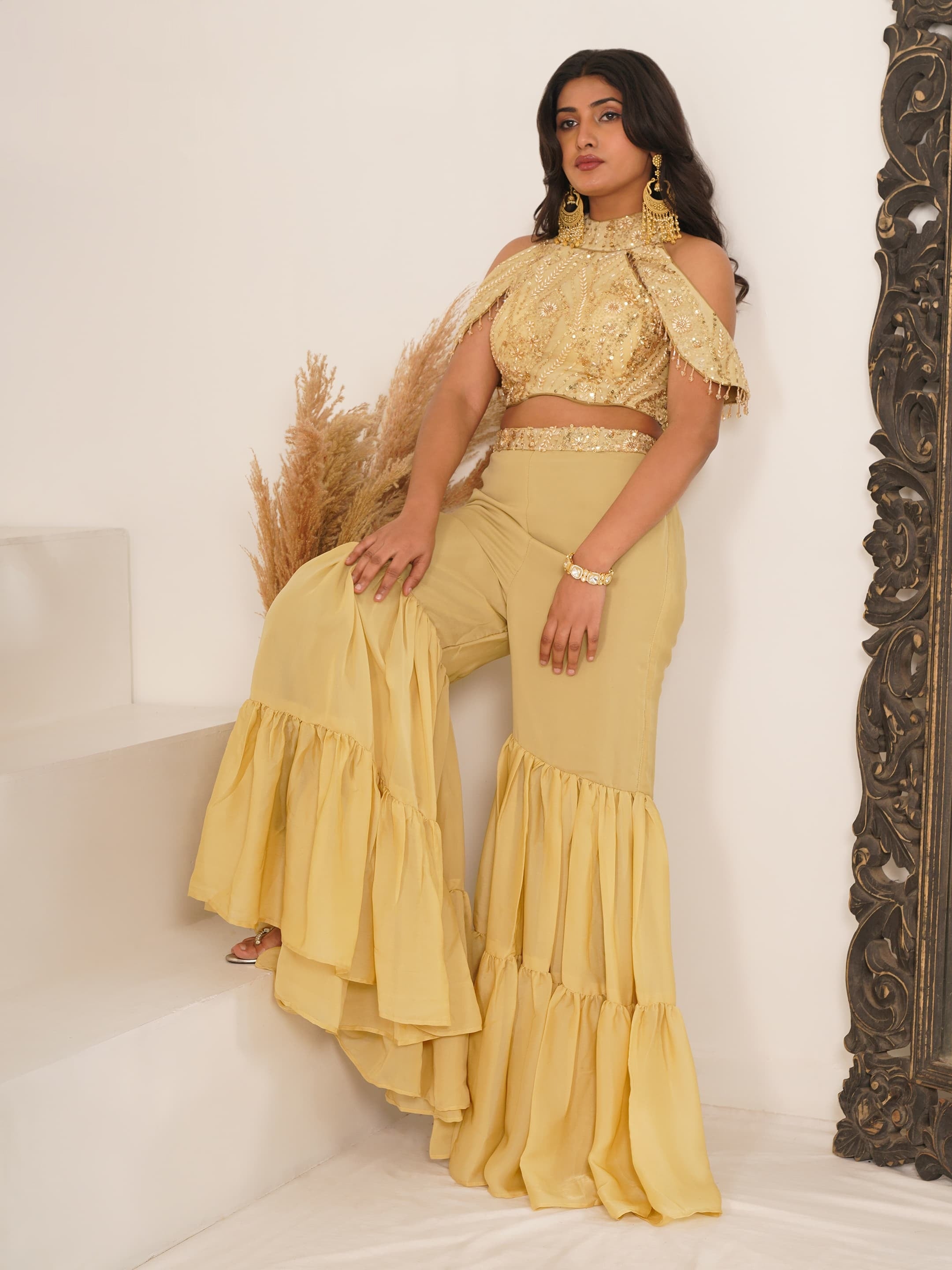 Fully Stitched Yellow Indo Western Set for Women

