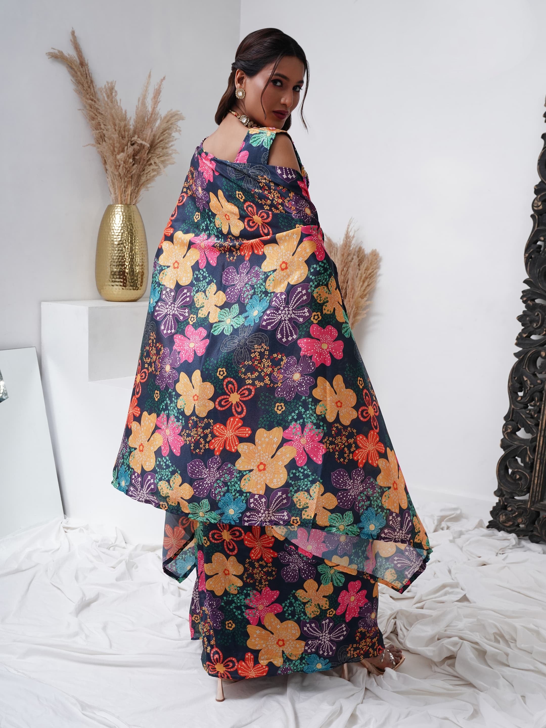 Heavy Embroidered Cape Top with Chinon Palazzo Pants

