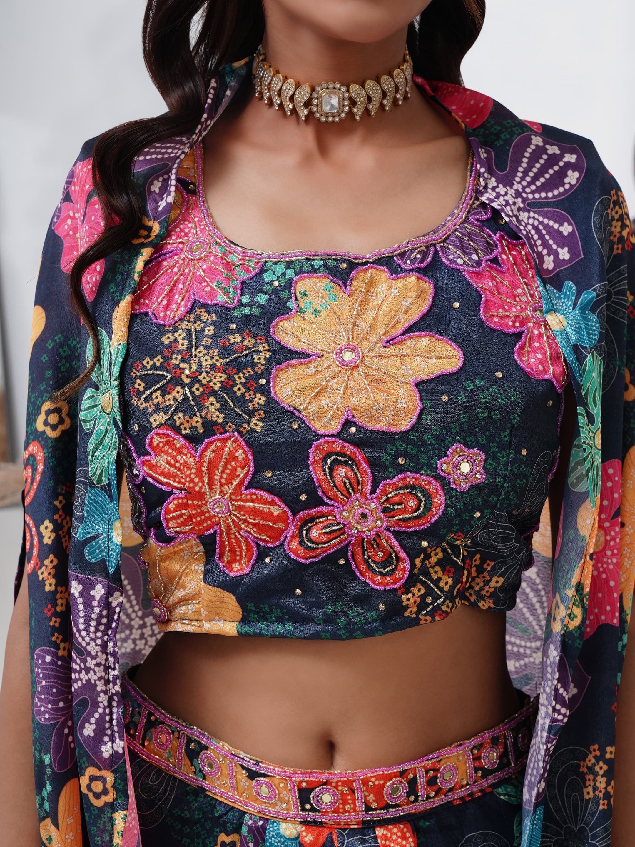 Designer Cape Palazzo Suit in Digital Chinon with Embroidery

