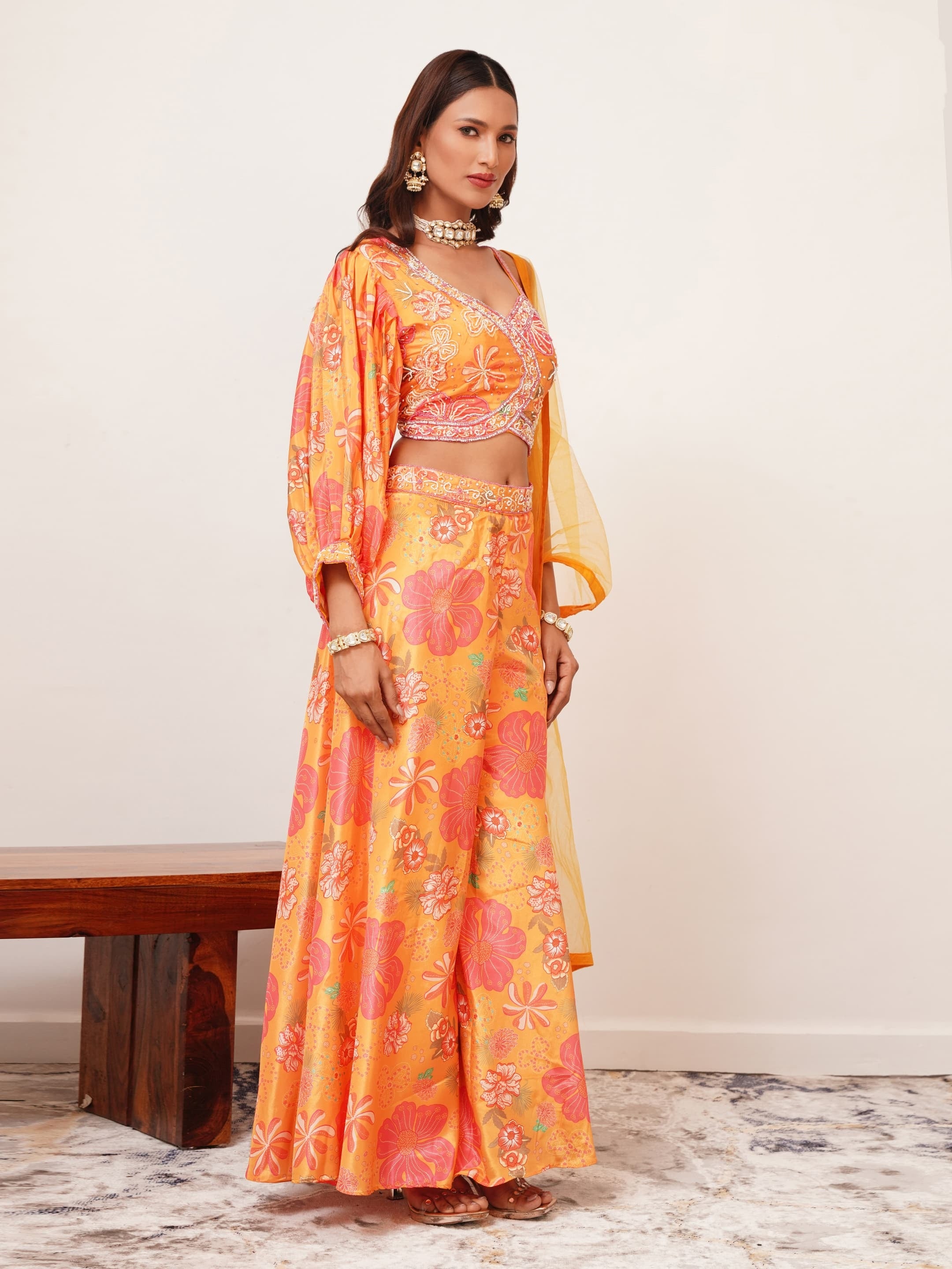 Handwork Crop Top with Palazzo and Net Dupatta