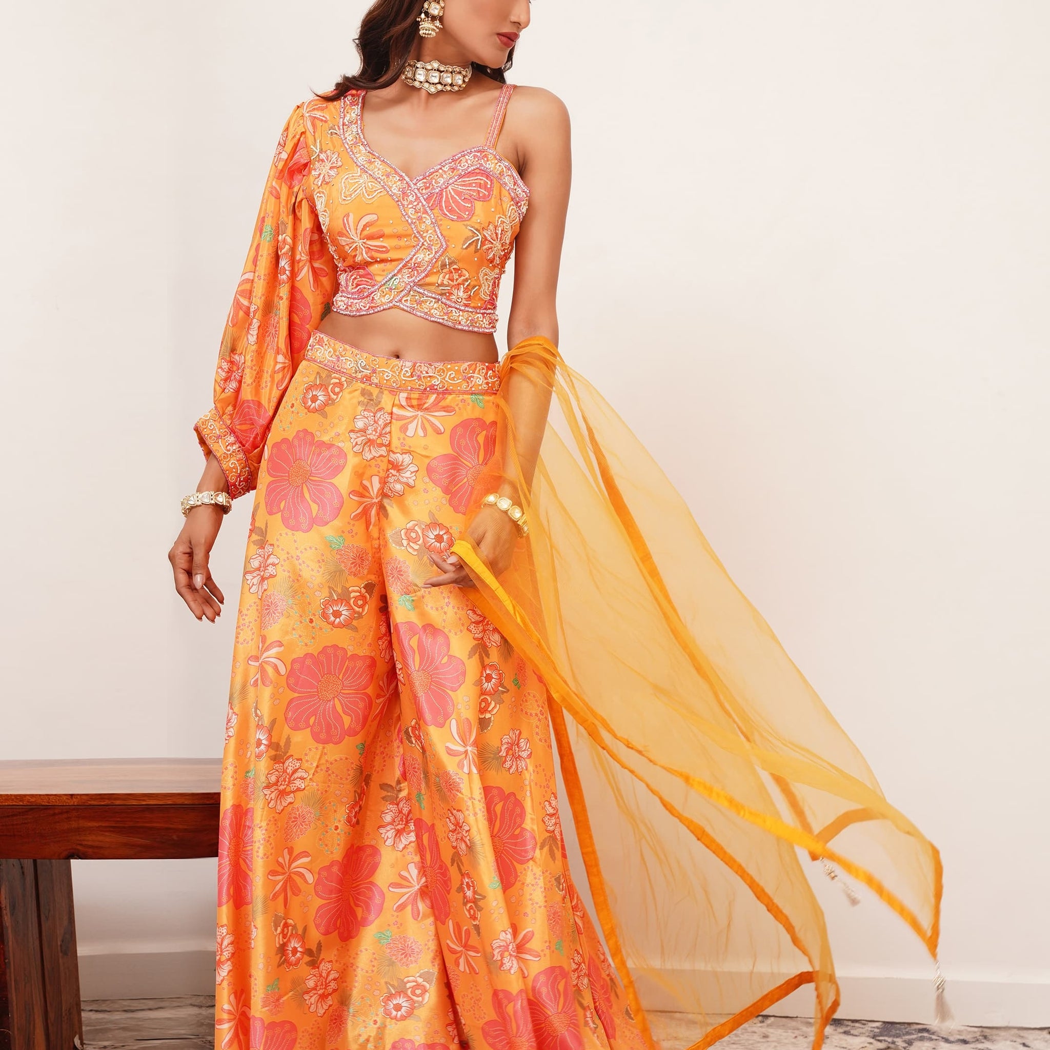 Orange Floral Indo Western Crop Top Palazzo Set