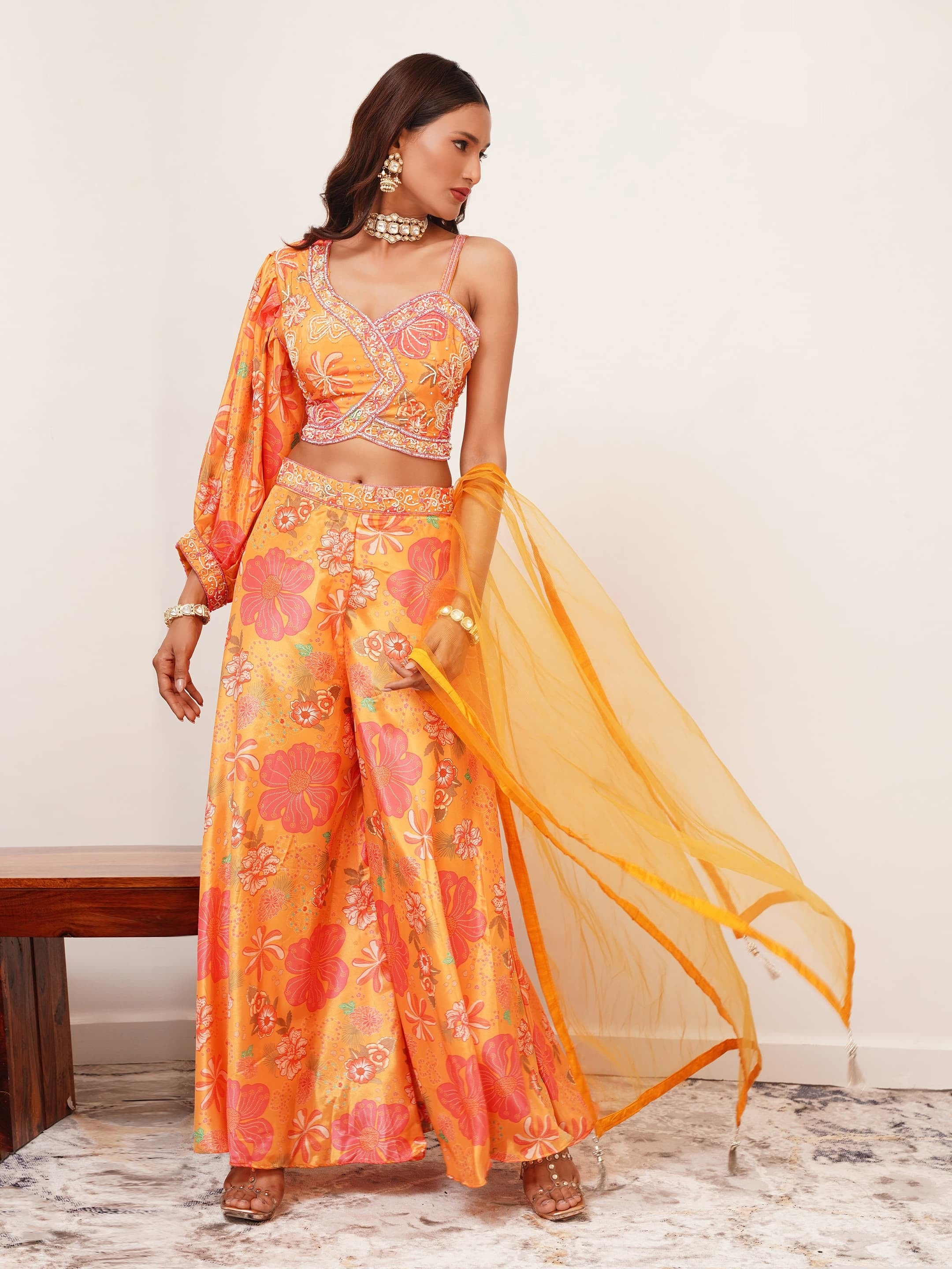Orange Floral Indo Western Crop Top Palazzo Set