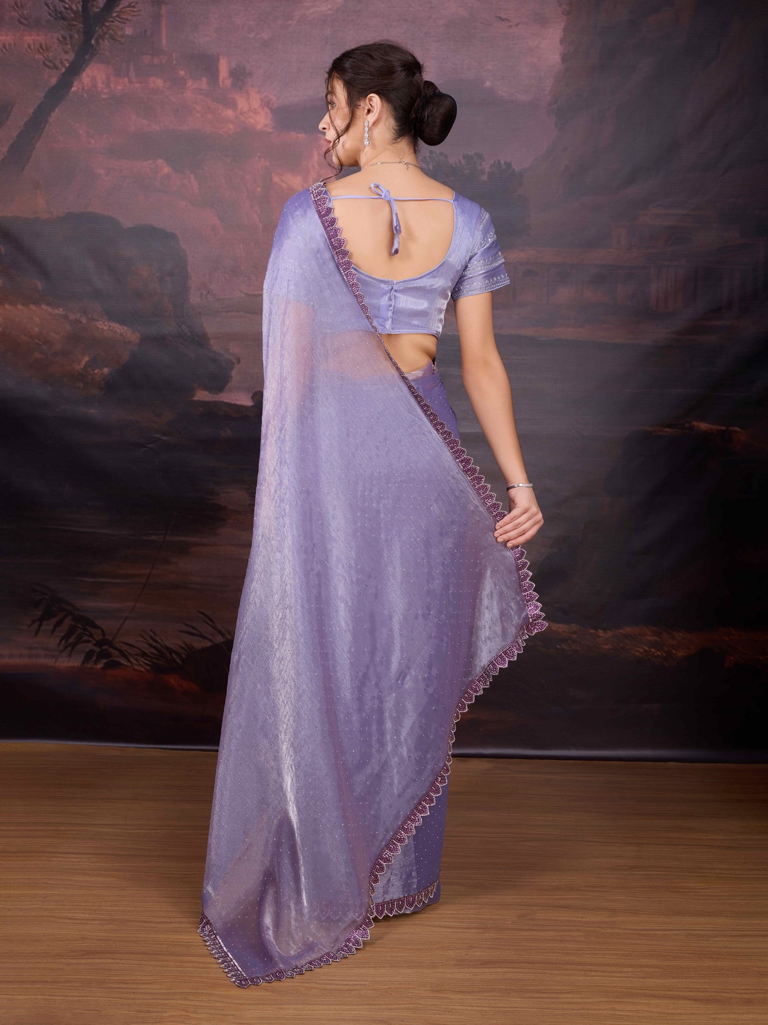 Back View of Lavender embroidered saree for festive events