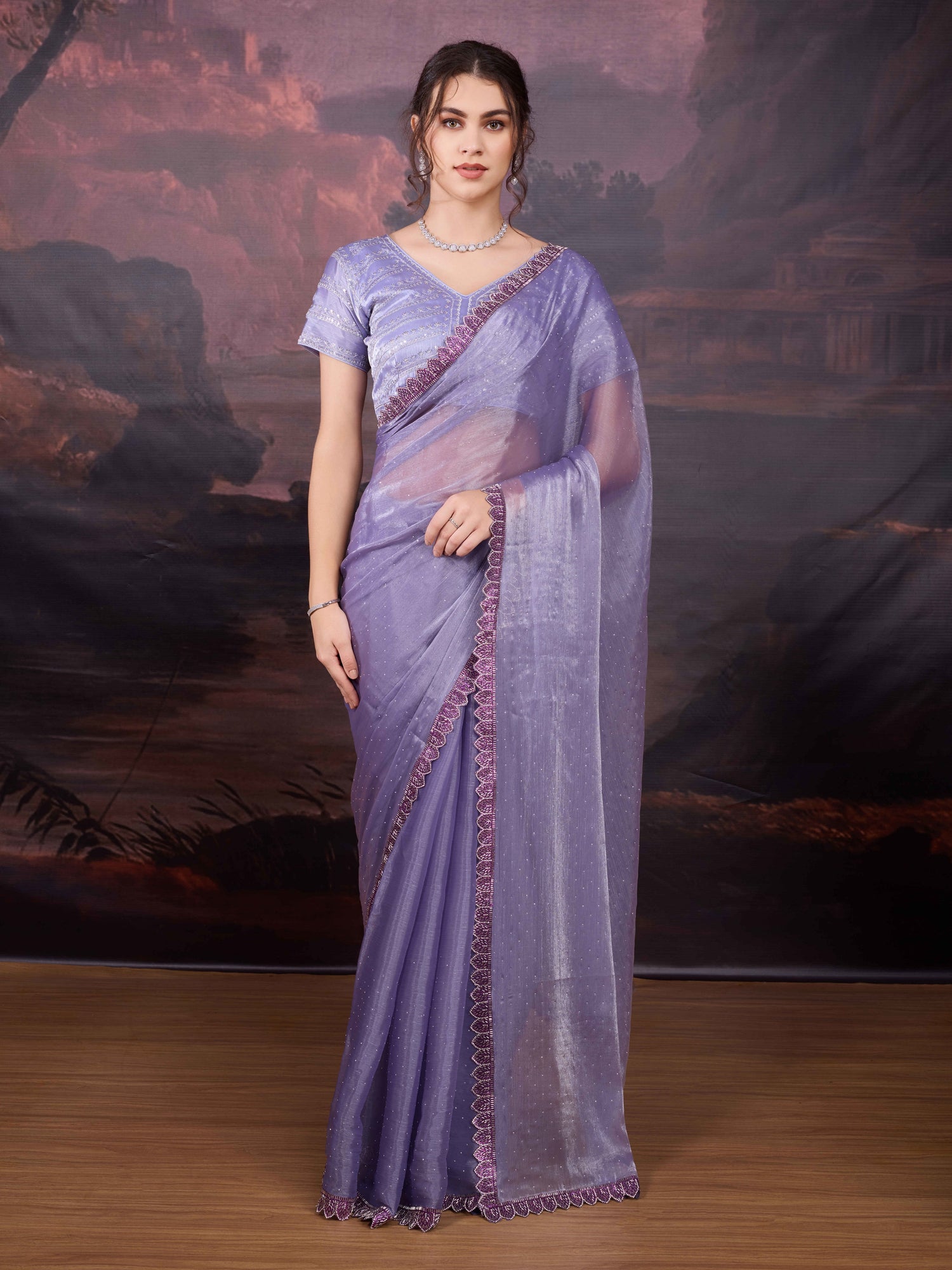 Designer party wear saree in lavender color