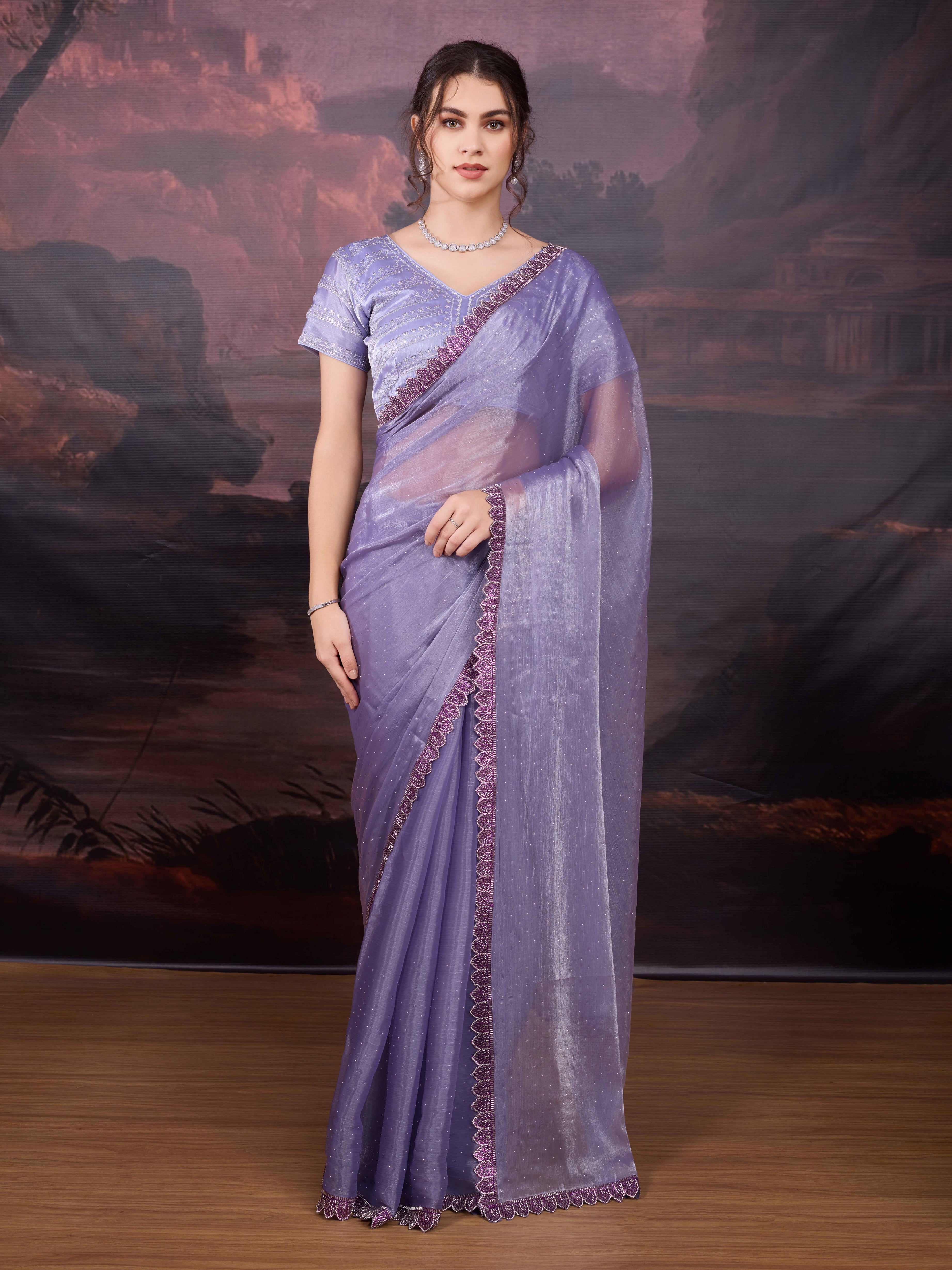 Designer party wear saree in lavender color