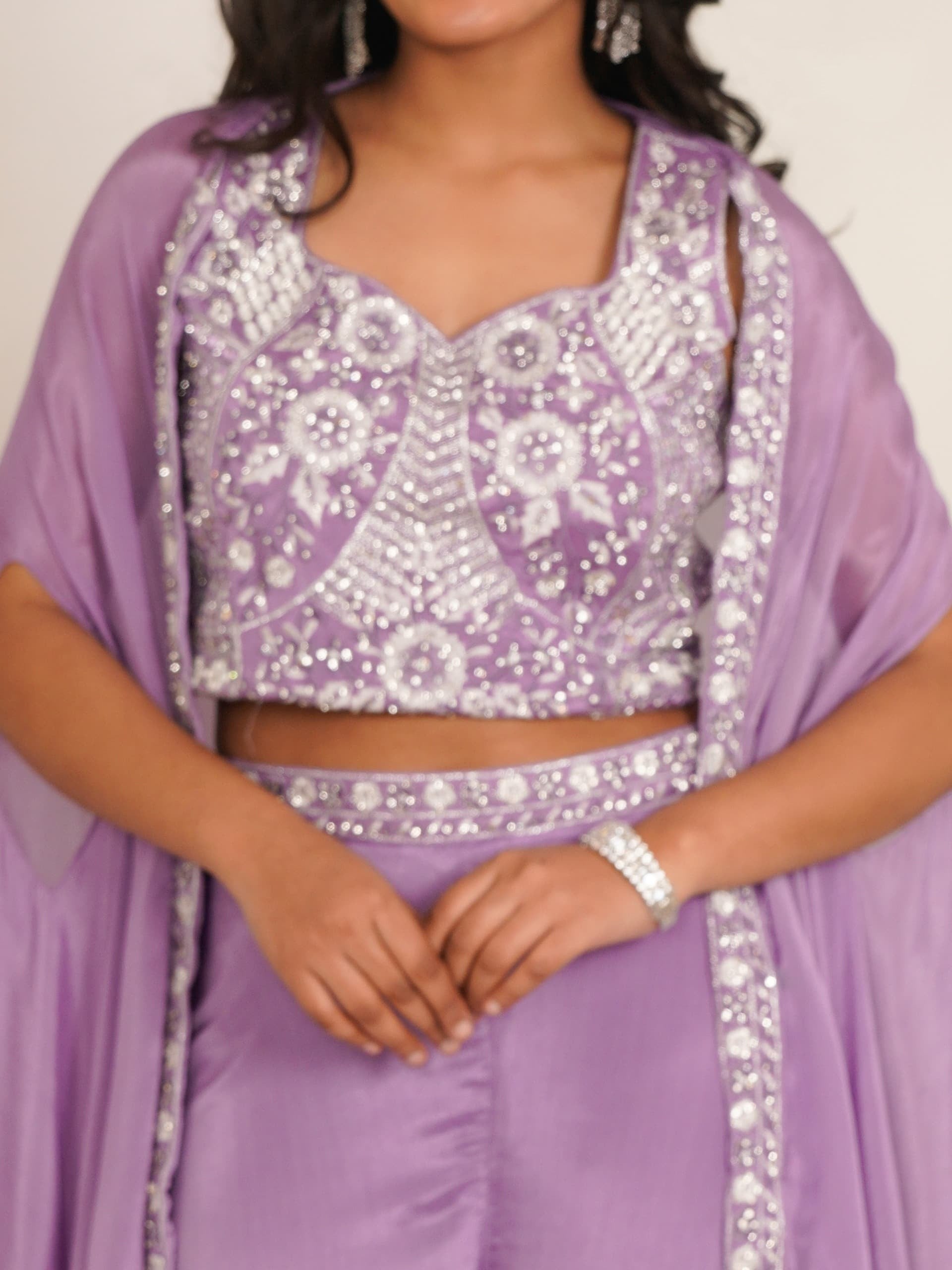 Lavender Embroidered Crop Top with Cape Overlay
