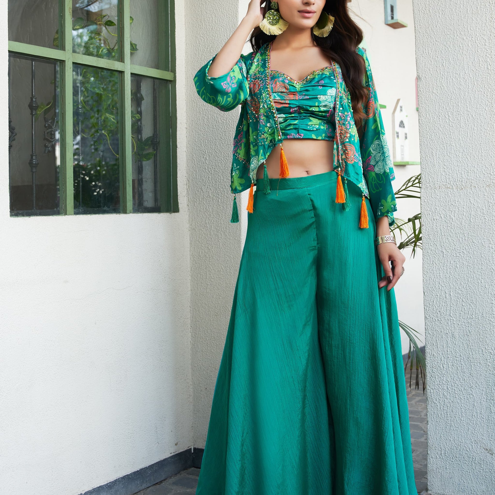 Green Indo Western Crop Top Palazzo Set with Shrug – Front View