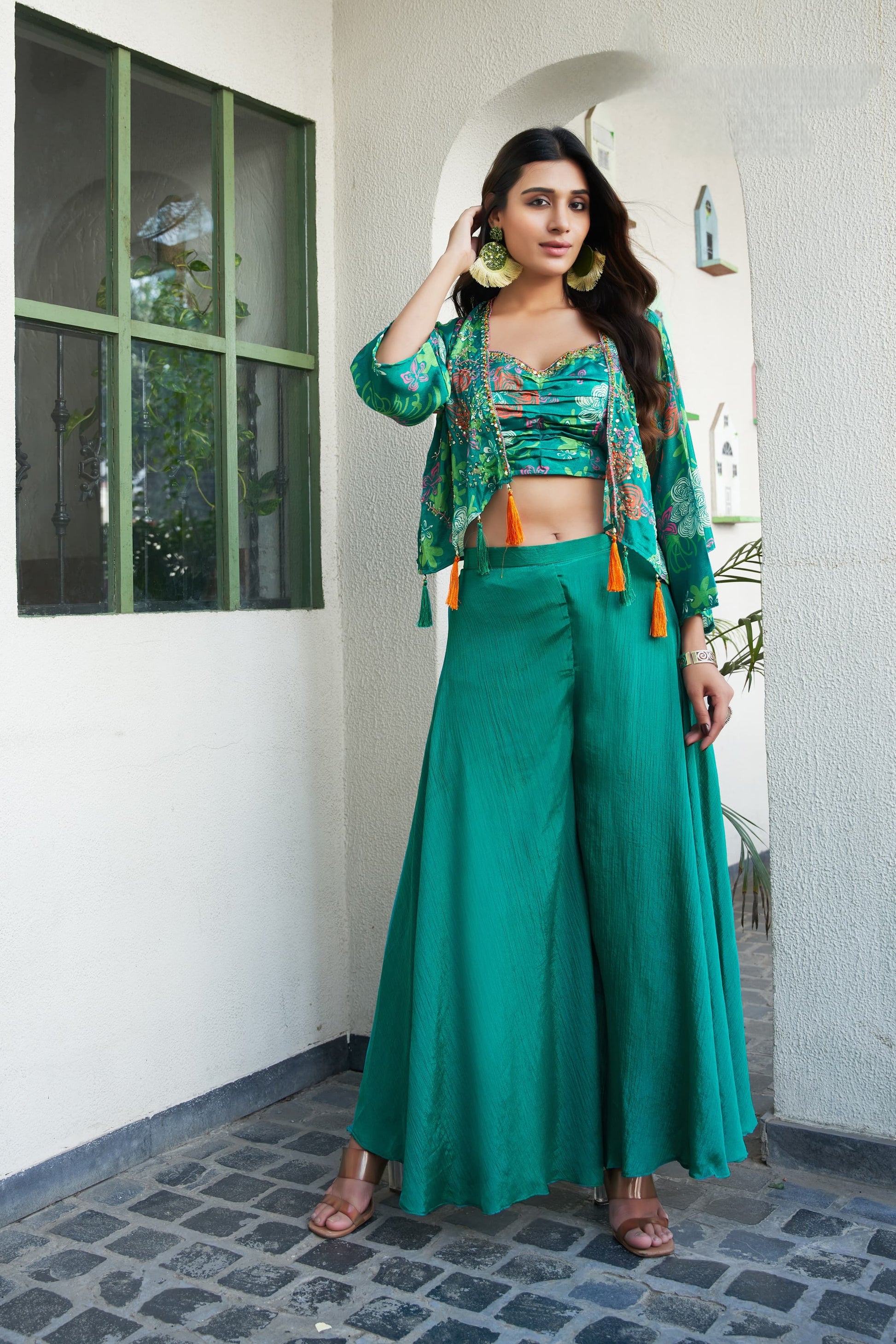 Green Indo Western Crop Top Palazzo Set with Embroidered Shrug