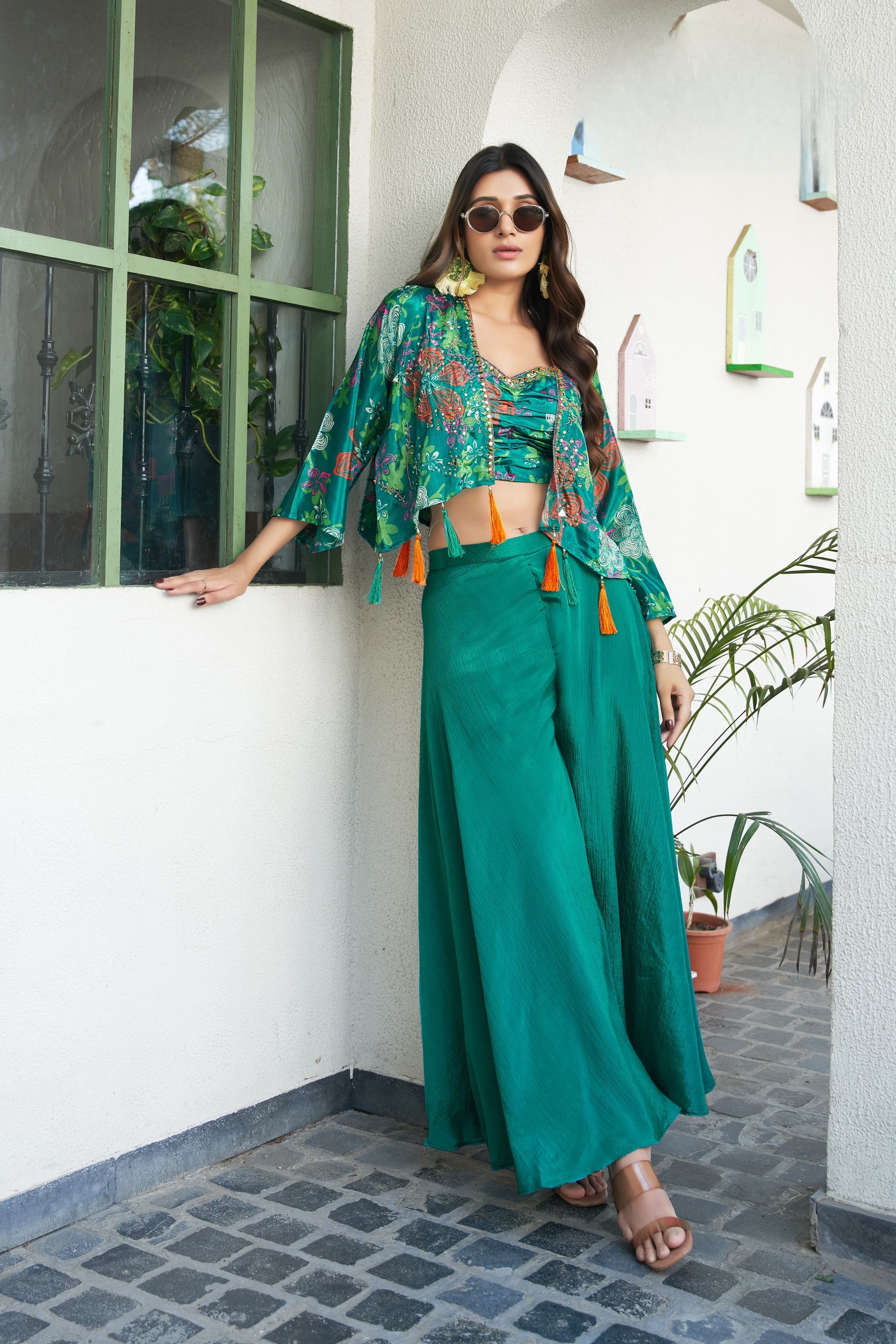 Embroidered Short Shrug with Green Palazzo Set – Festive Wear